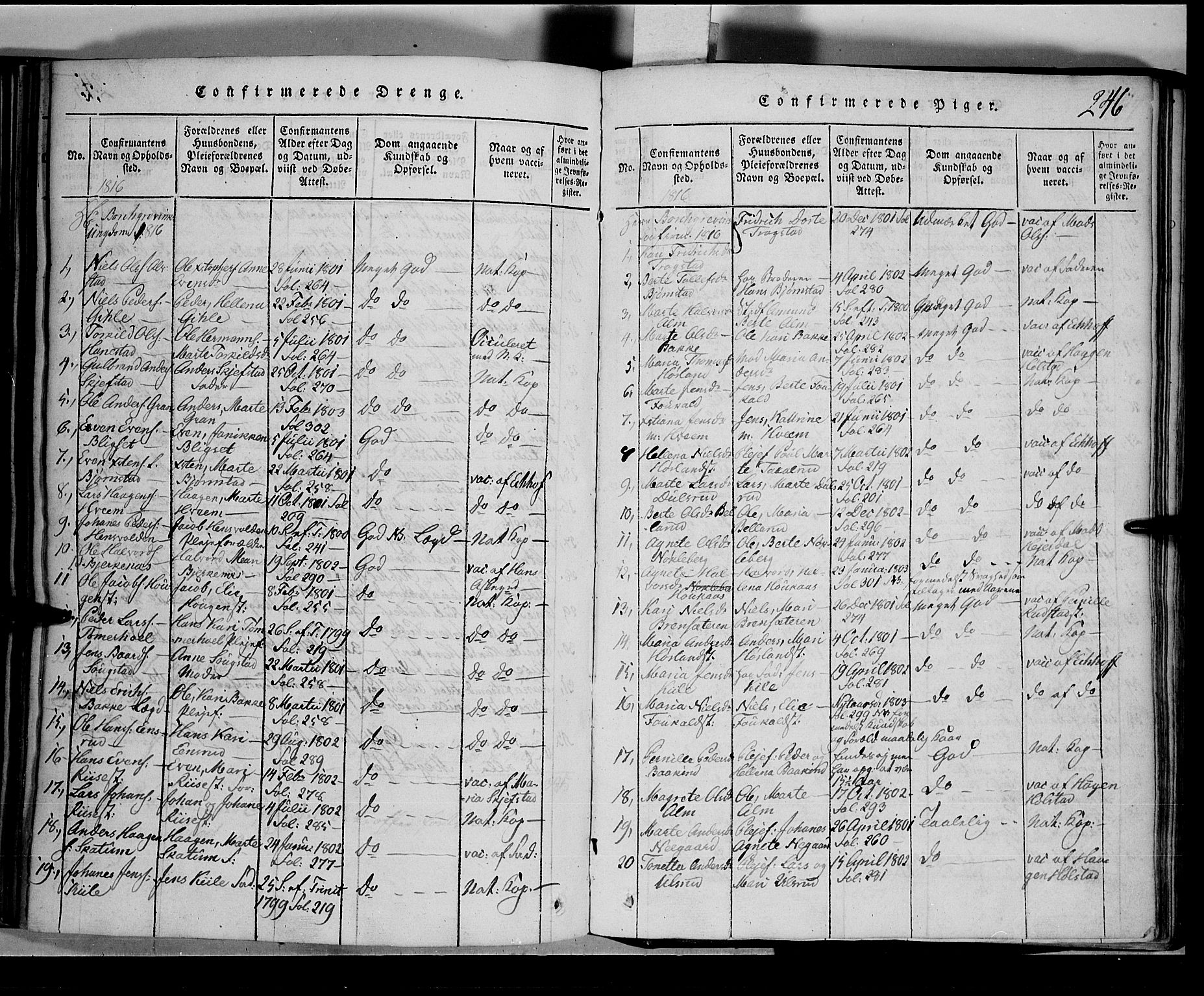 Toten prestekontor, SAH/PREST-102/H/Ha/Hab/L0001: Parish register (copy) no. 1, 1814-1820, p. 246