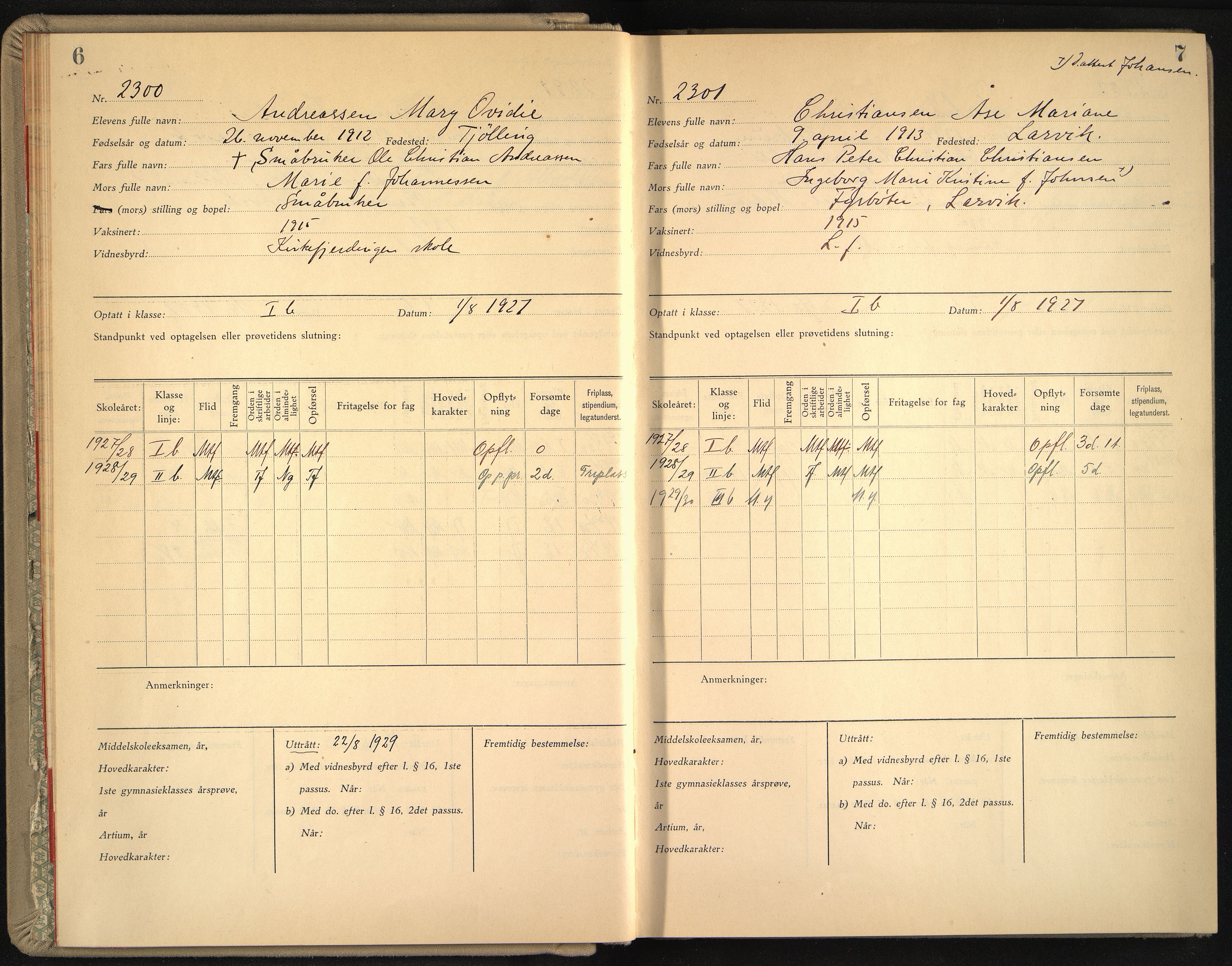 Vestfold fylkeskommune. Thor Heyerdahl videregående skole før 2004, VEMU/A-1120/G/L0011: Manntallsprotokoll med karakterer i orden og oppførsel, 1927-1934, p. 6-7