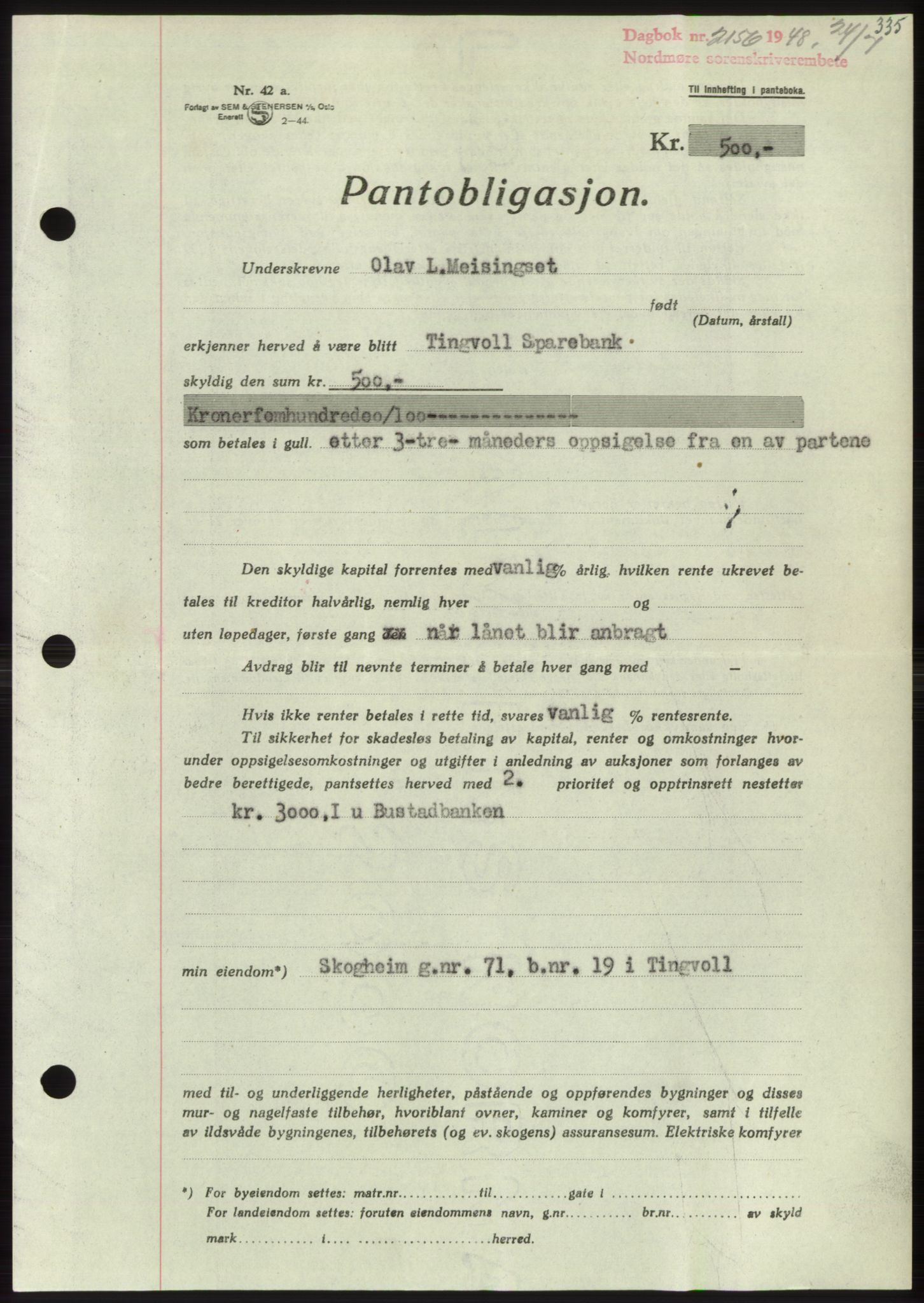 Nordmøre sorenskriveri, AV/SAT-A-4132/1/2/2Ca: Mortgage book no. B99, 1948-1948, Diary no: : 2156/1948