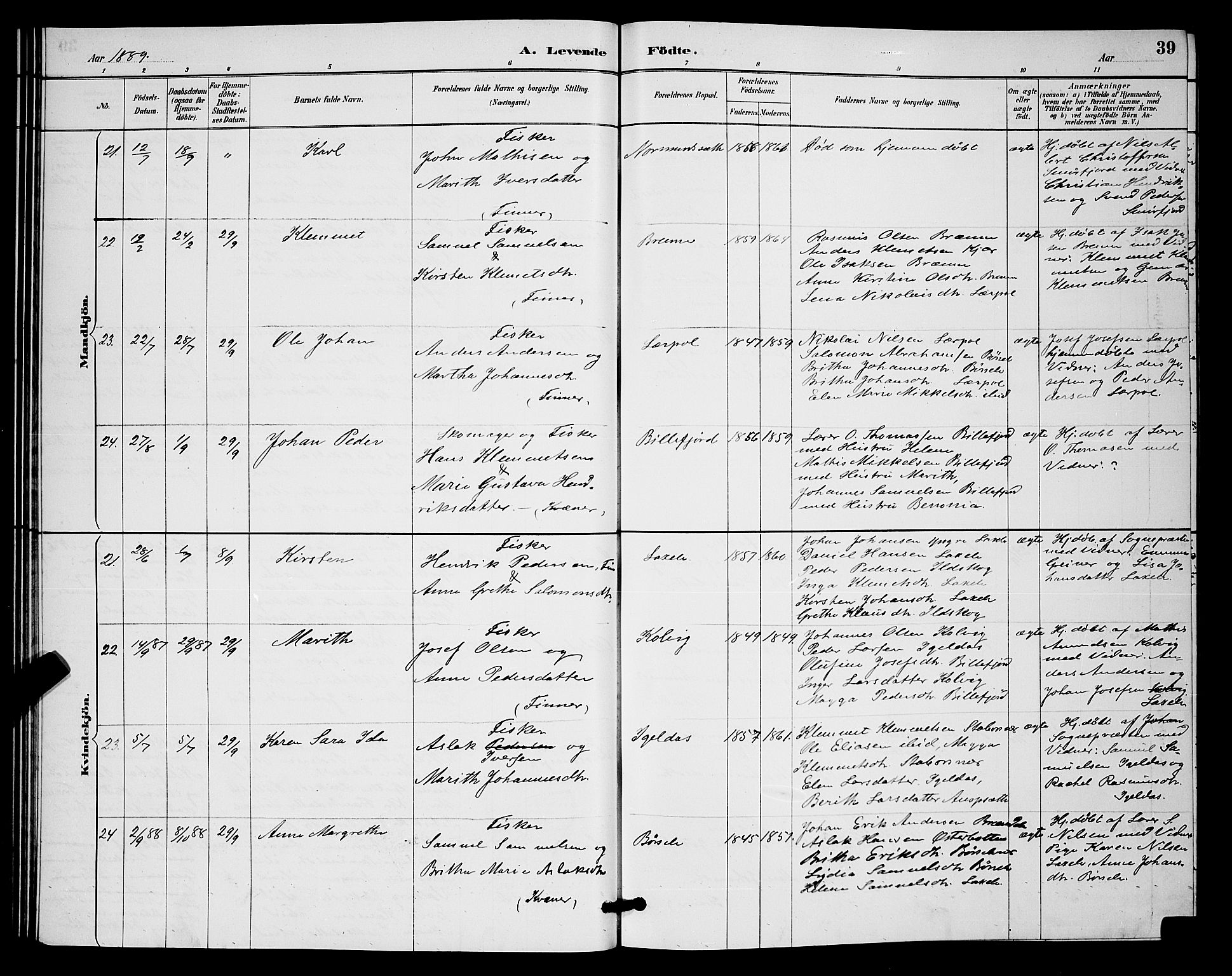 Kistrand/Porsanger sokneprestembete, AV/SATØ-S-1351/H/Hb/L0004.klokk: Parish register (copy) no. 4, 1885-1894, p. 39