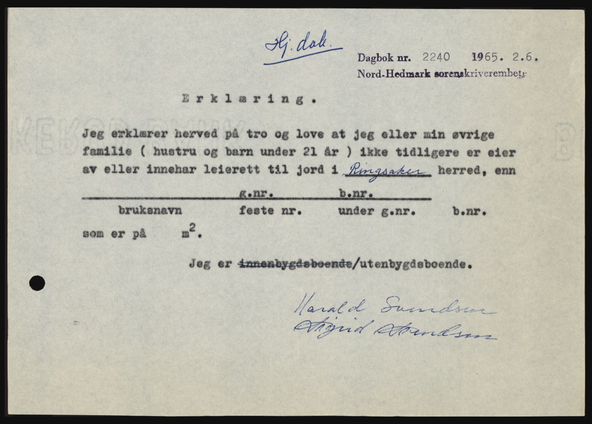 Nord-Hedmark sorenskriveri, SAH/TING-012/H/Hc/L0022: Mortgage book no. 22, 1965-1965, Diary no: : 2240/1965