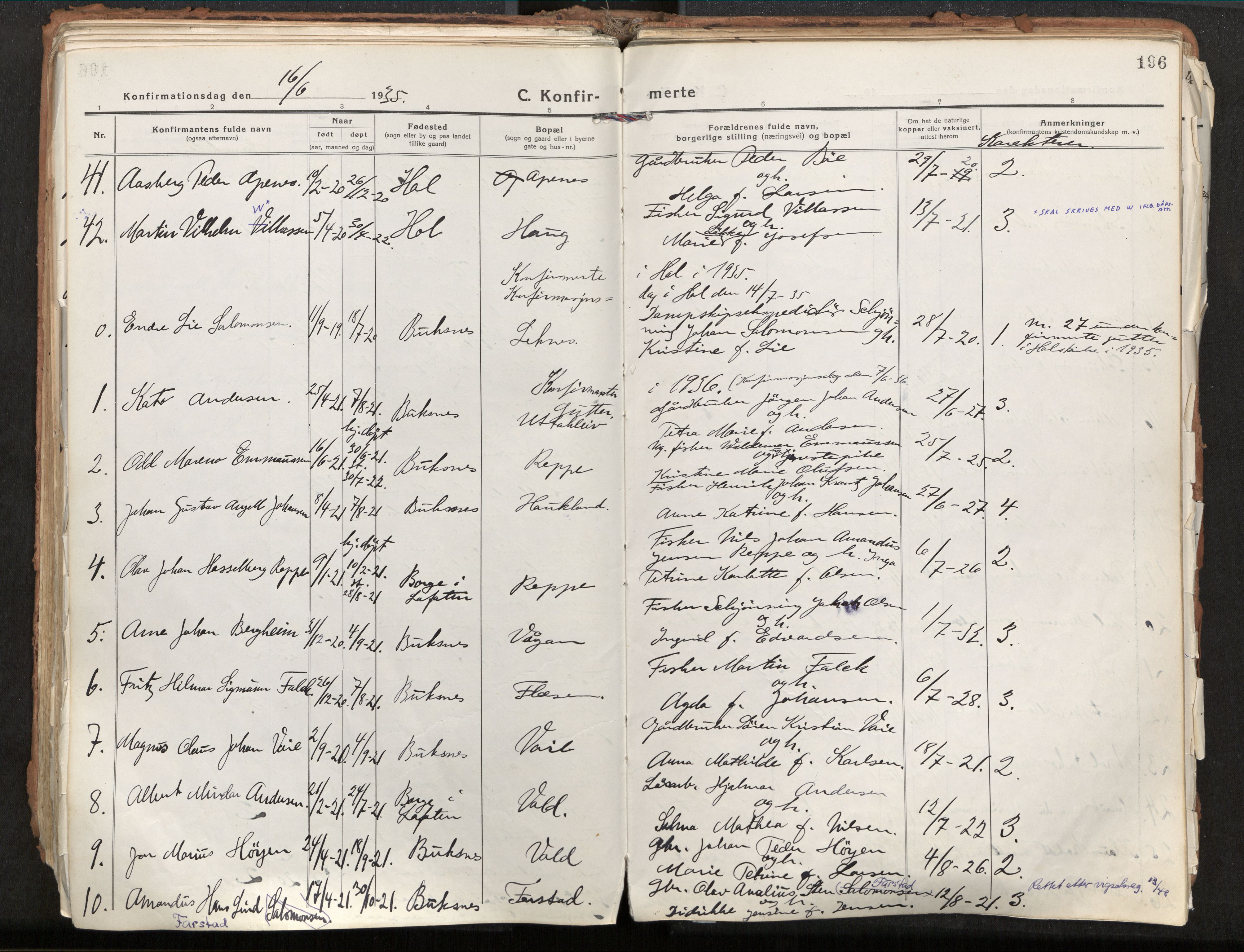 Ministerialprotokoller, klokkerbøker og fødselsregistre - Nordland, AV/SAT-A-1459/881/L1160: Parish register (official) no. 881A13, 1919-1937, p. 196