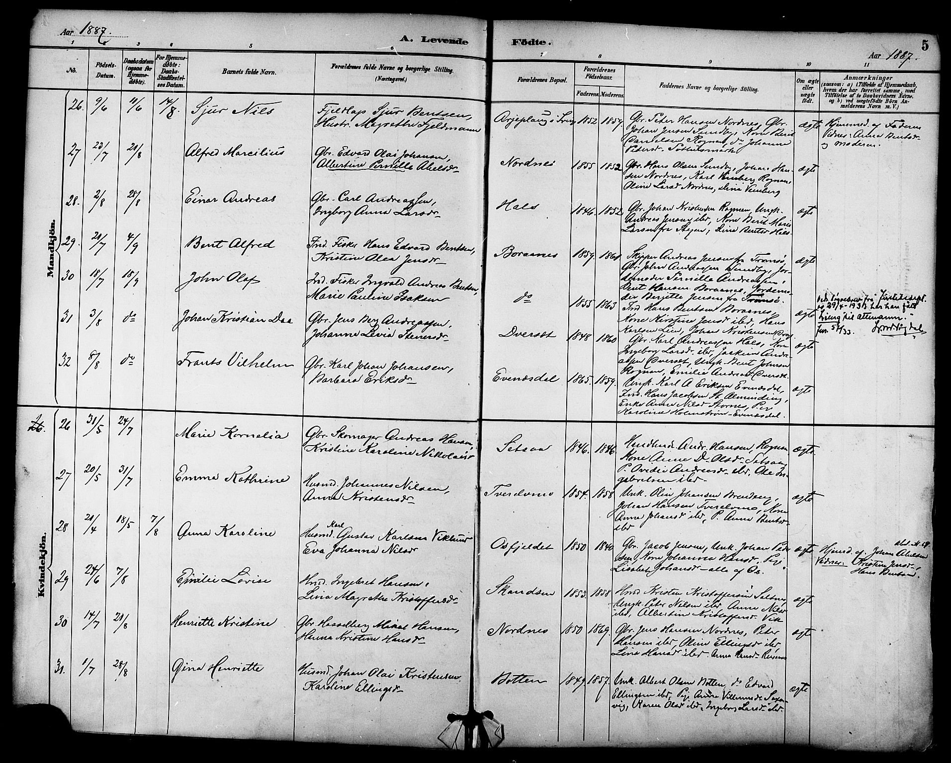 Ministerialprotokoller, klokkerbøker og fødselsregistre - Nordland, AV/SAT-A-1459/847/L0669: Parish register (official) no. 847A09, 1887-1901, p. 5