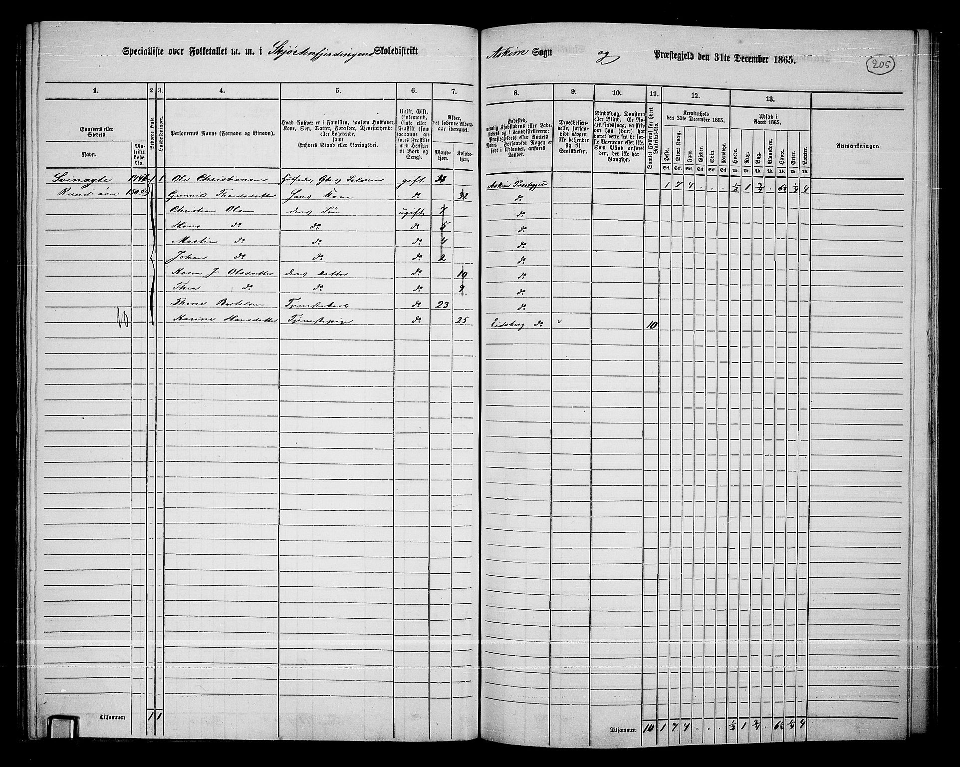 RA, 1865 census for Askim, 1865, p. 65