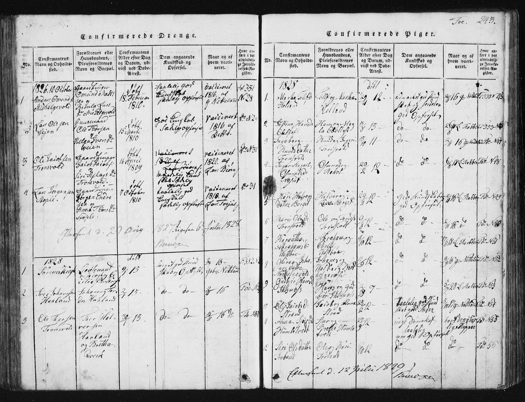 Vikedal sokneprestkontor, SAST/A-101840/01/V: Parish register (copy) no. B 2, 1816-1863, p. 243