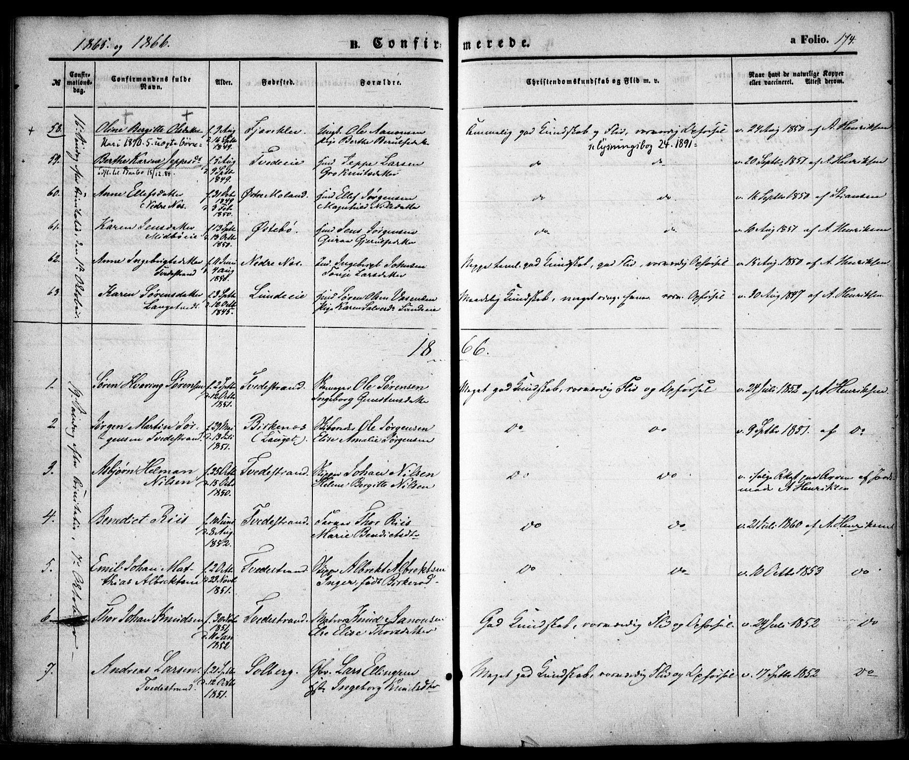 Holt sokneprestkontor, AV/SAK-1111-0021/F/Fa/L0009: Parish register (official) no. A 9, 1861-1871, p. 174