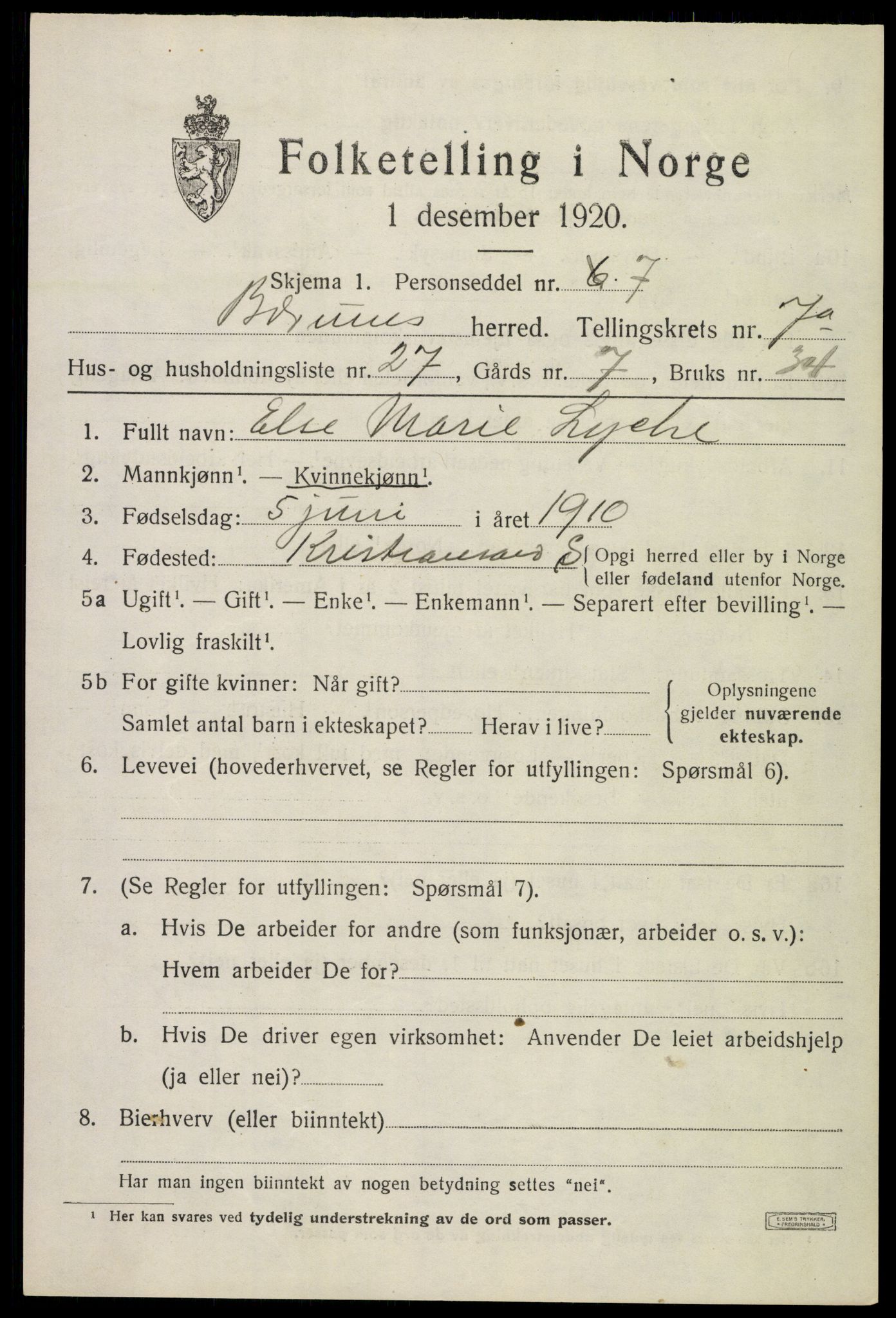 SAO, 1920 census for Bærum, 1920, p. 16344