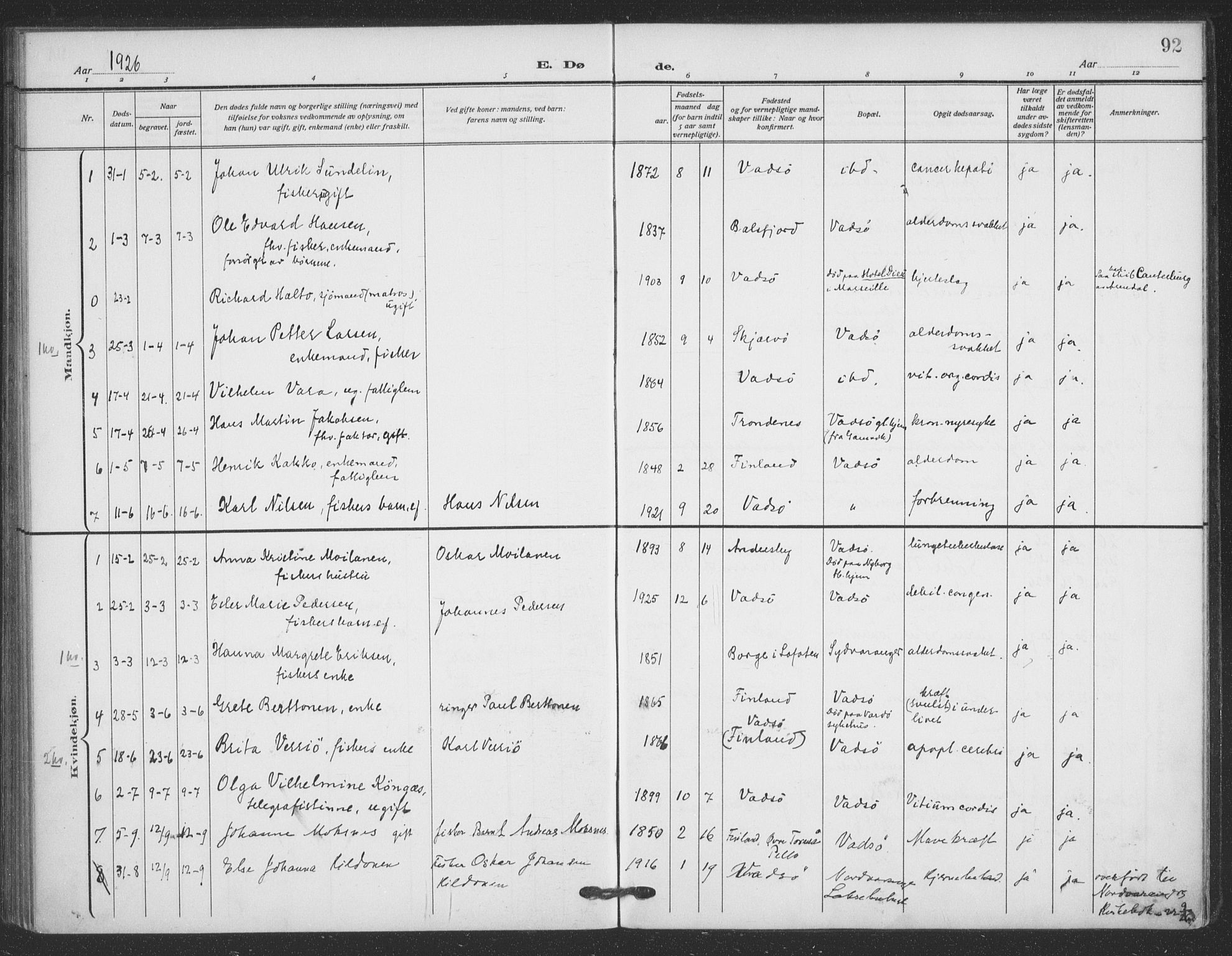 Vadsø sokneprestkontor, AV/SATØ-S-1325/H/Ha/L0008kirke: Parish register (official) no. 8, 1912-1930, p. 92