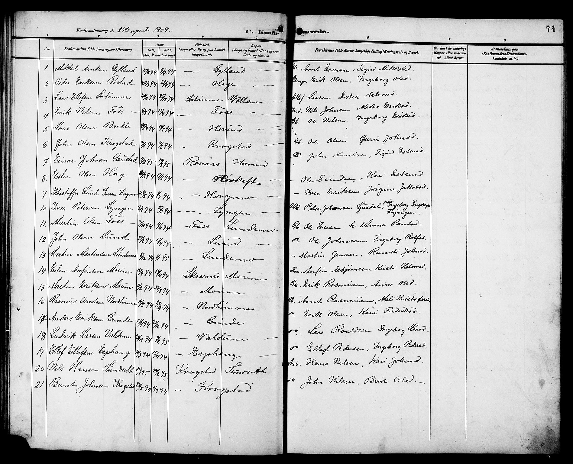 Ministerialprotokoller, klokkerbøker og fødselsregistre - Sør-Trøndelag, SAT/A-1456/692/L1112: Parish register (copy) no. 692C07, 1904-1918, p. 74