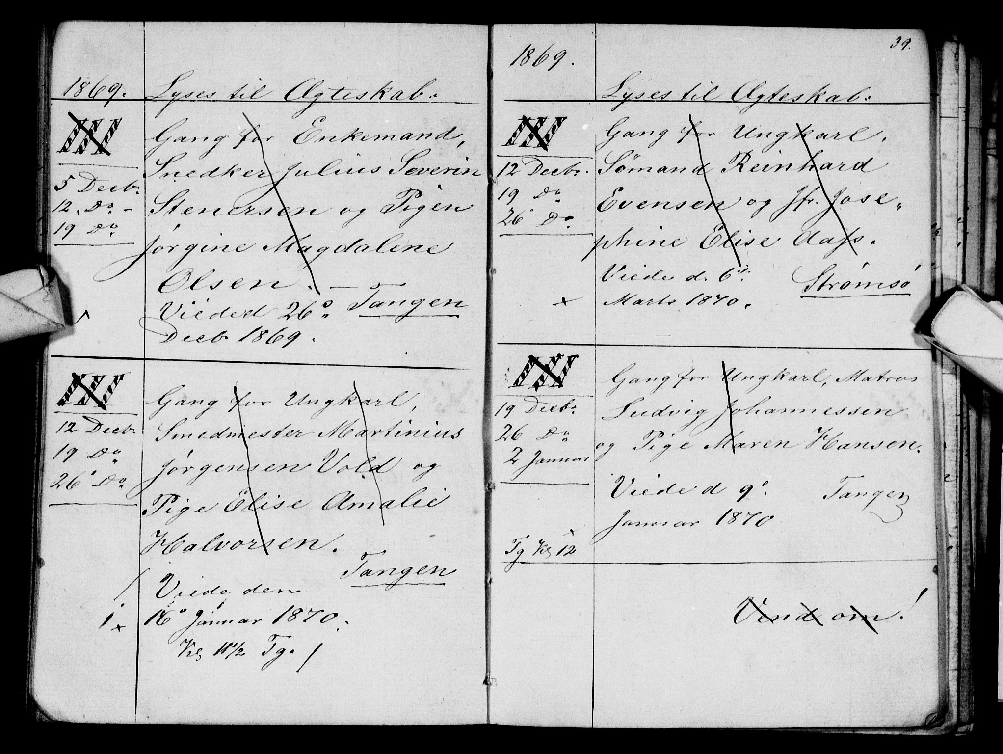 Strømsø kirkebøker, AV/SAKO-A-246/H/Ha/L0003: Banns register no. 3, 1866-1874, p. 39