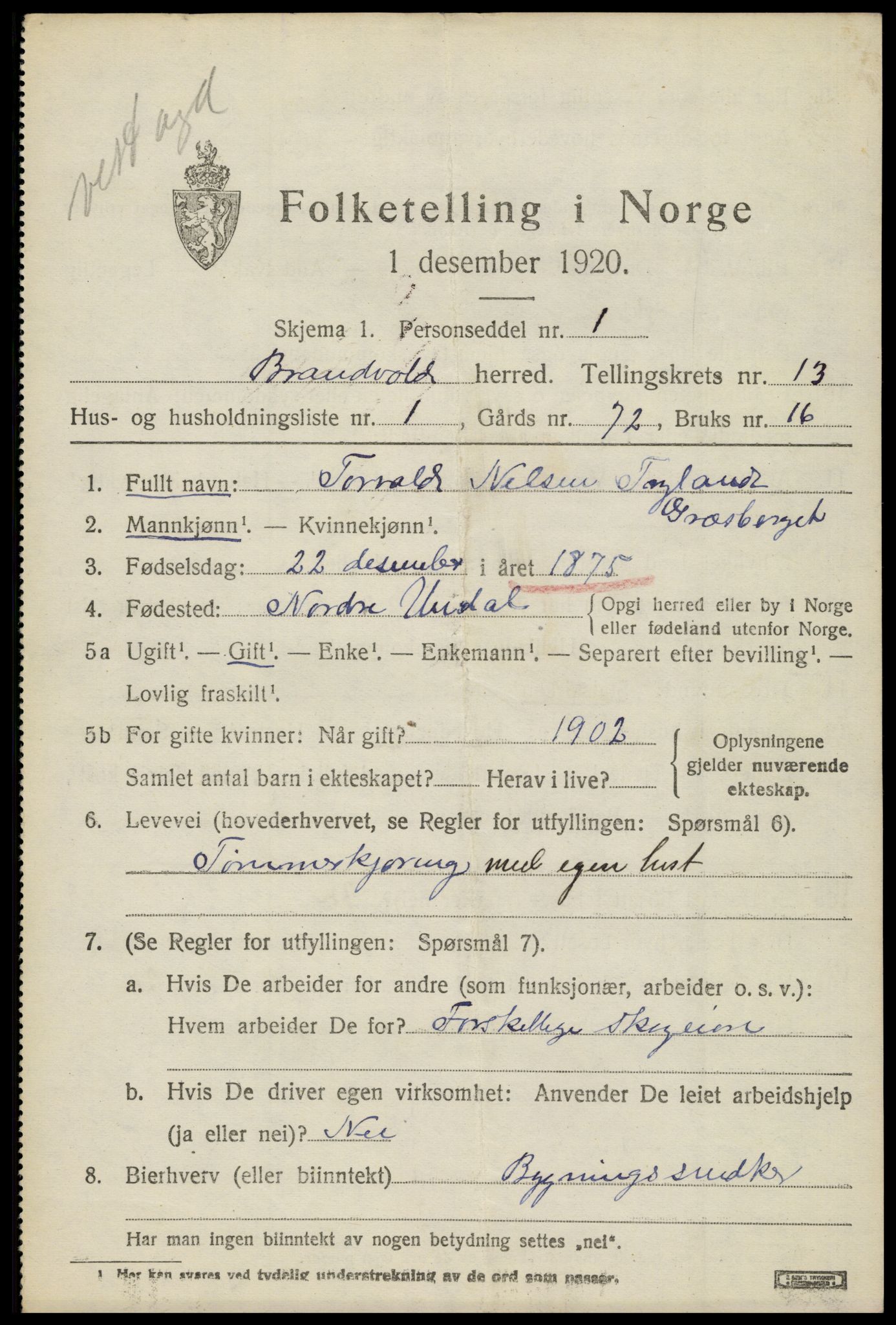 SAH, 1920 census for Brandval, 1920, p. 9138