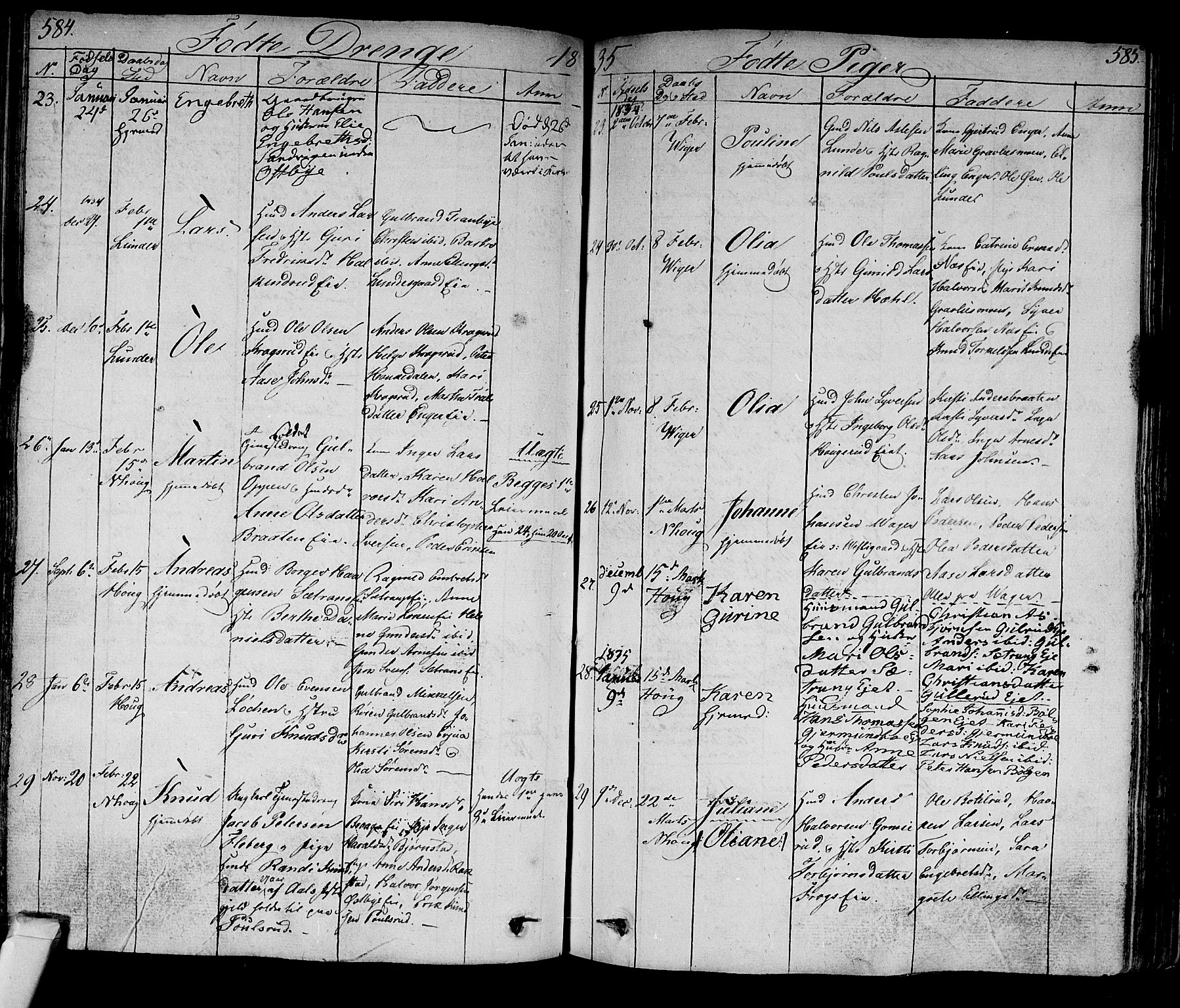 Norderhov kirkebøker, AV/SAKO-A-237/F/Fa/L0009: Parish register (official) no. 9, 1819-1837, p. 584-585