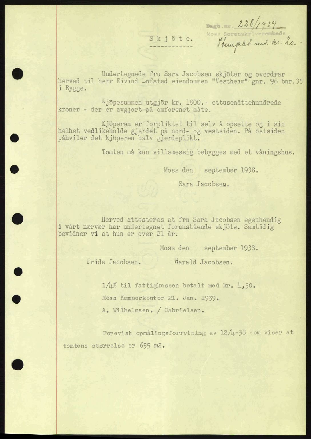 Moss sorenskriveri, SAO/A-10168: Mortgage book no. A5, 1938-1939, Diary no: : 228/1939