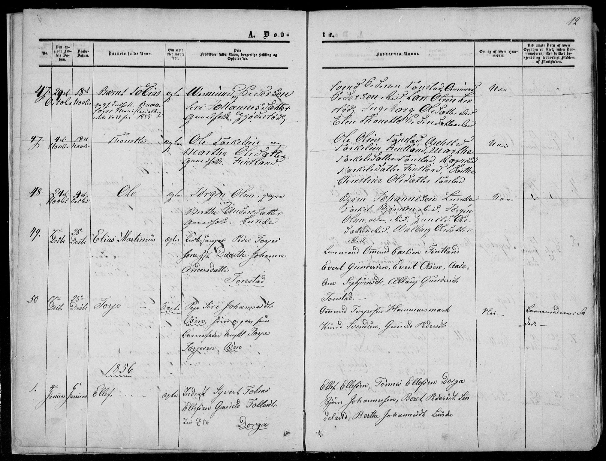 Sirdal sokneprestkontor, AV/SAK-1111-0036/F/Fa/Fab/L0002: Parish register (official) no. A 2, 1855-1874, p. 12