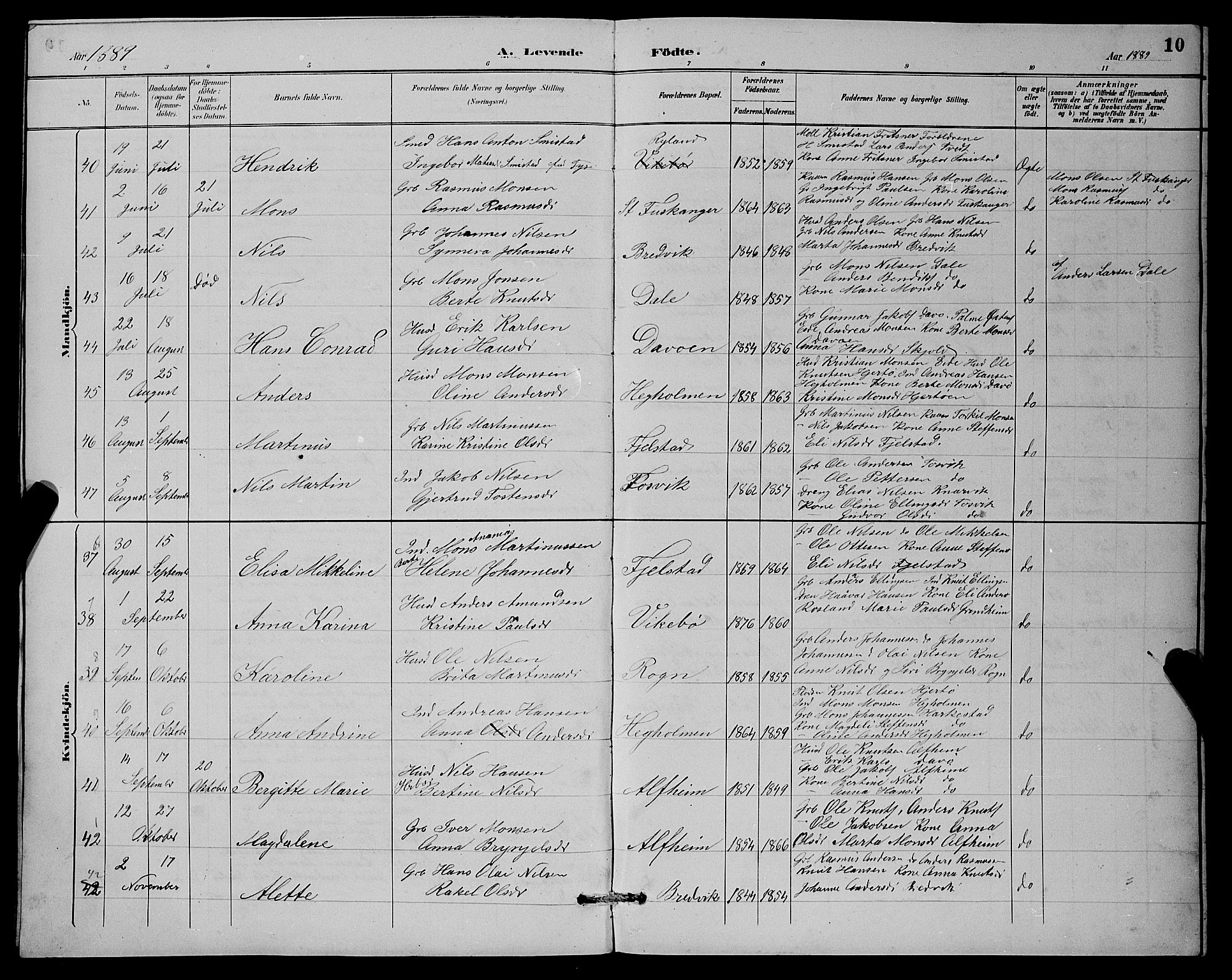 Herdla Sokneprestembete, AV/SAB-A-75701/H/Hab: Parish register (copy) no. A 3, 1889-1899, p. 10