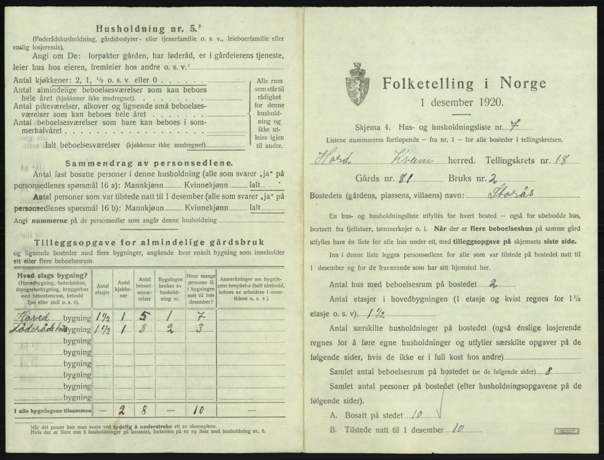SAB, 1920 census for Kvam, 1920, p. 1417
