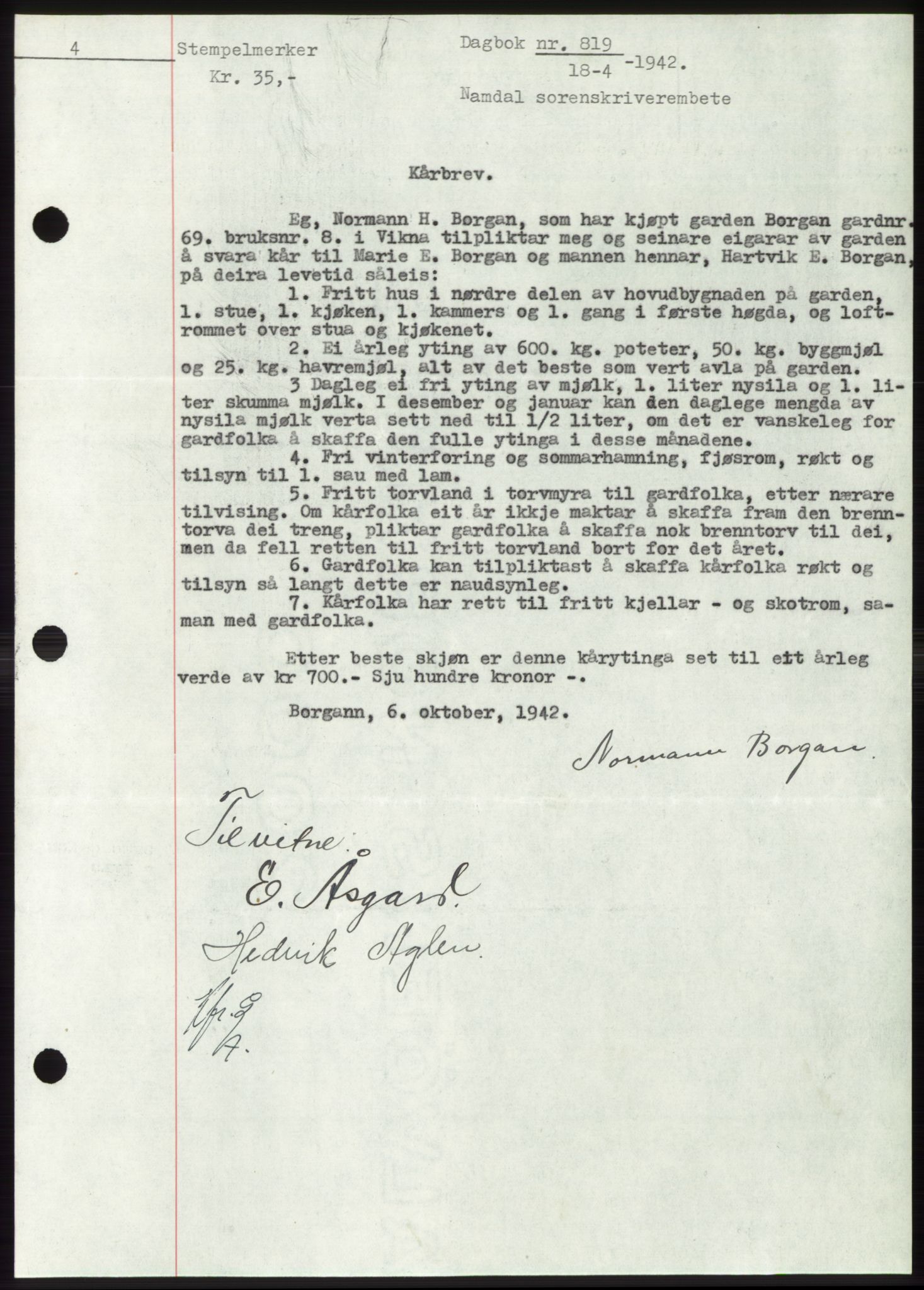 Namdal sorenskriveri, SAT/A-4133/1/2/2C: Mortgage book no. -, 1941-1942, Diary no: : 819/1942