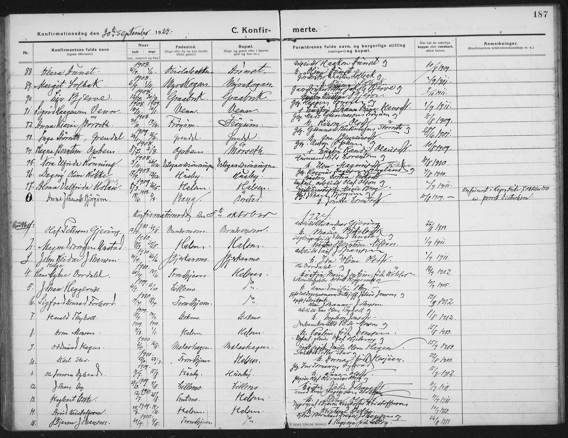 Ministerialprotokoller, klokkerbøker og fødselsregistre - Nord-Trøndelag, SAT/A-1458/709/L0083: Parish register (official) no. 709A23, 1916-1928, p. 187