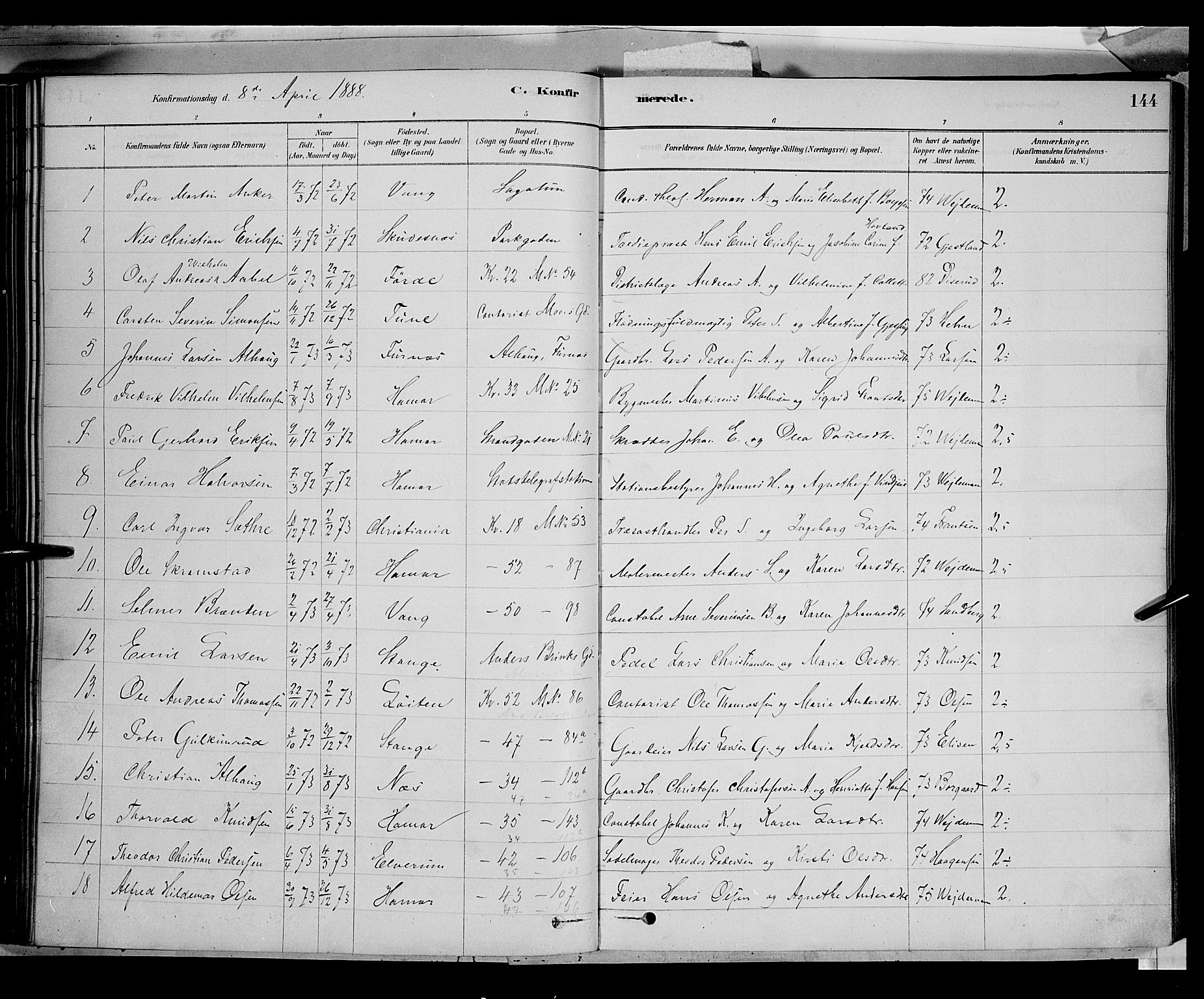 Vang prestekontor, Hedmark, SAH/PREST-008/H/Ha/Haa/L0016: Parish register (official) no. 16, 1878-1889, p. 144