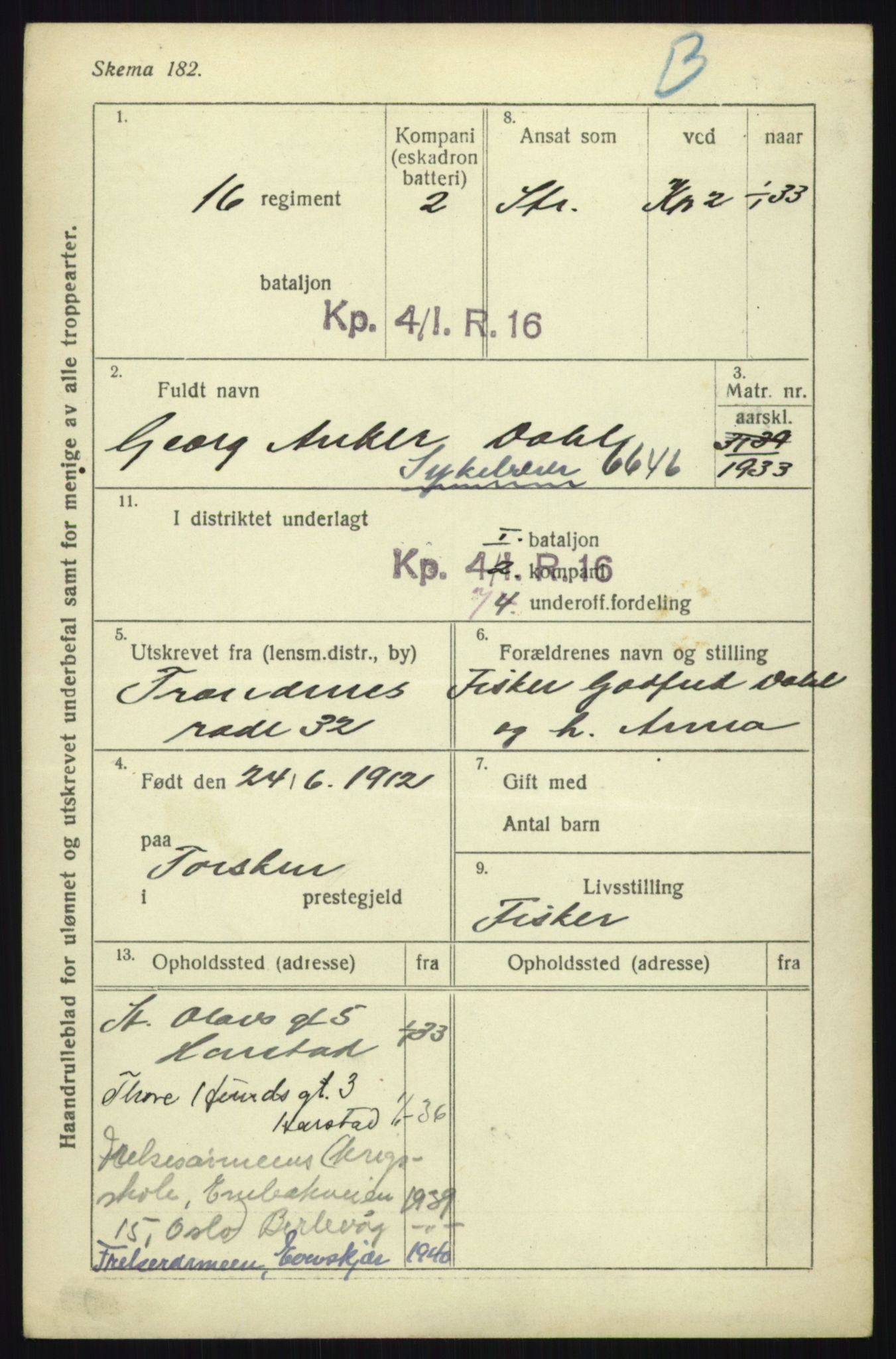 Forsvaret, Troms infanteriregiment nr. 16, AV/RA-RAFA-3146/P/Pa/L0017: Rulleblad for regimentets menige mannskaper, årsklasse 1933, 1933, p. 189