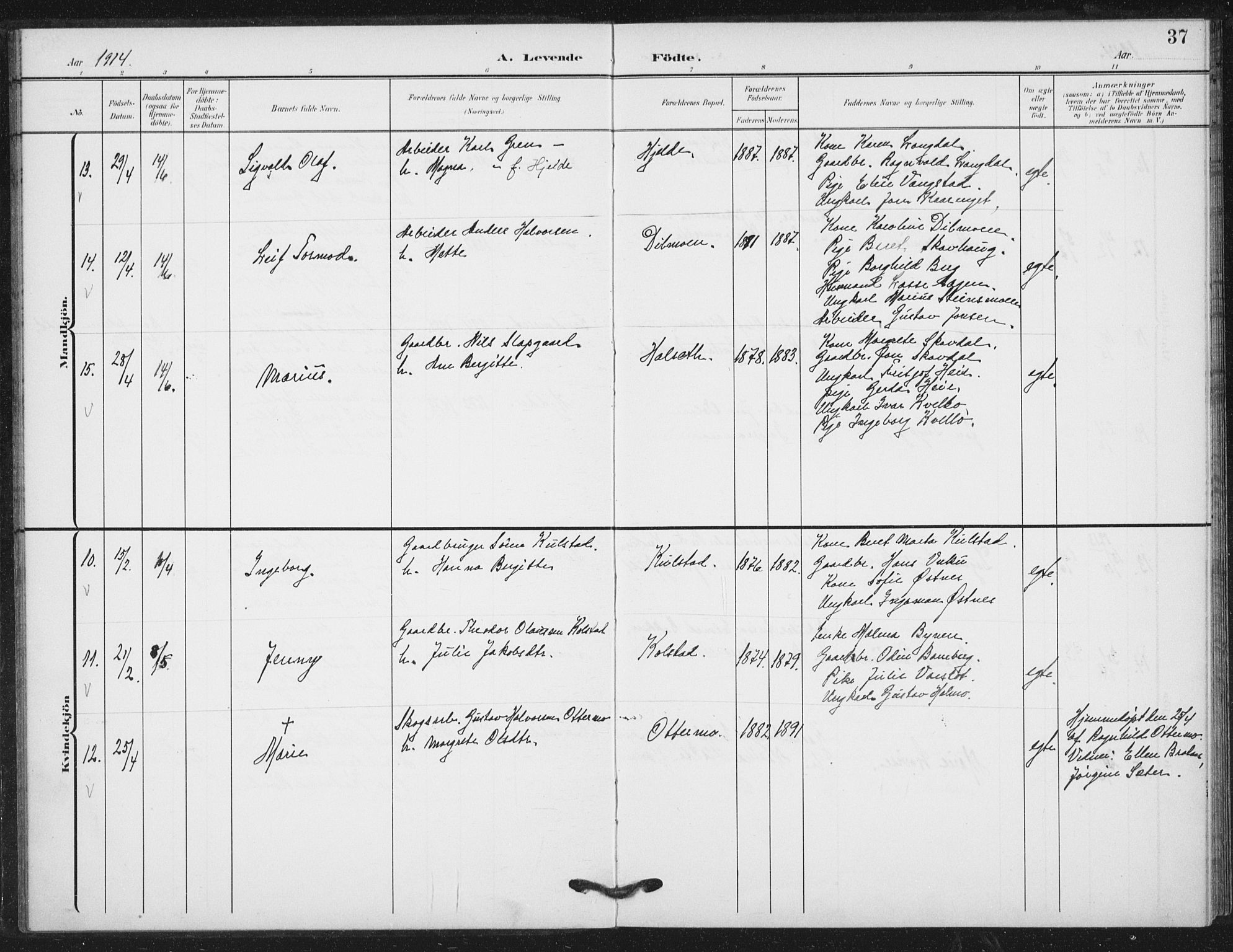 Ministerialprotokoller, klokkerbøker og fødselsregistre - Nord-Trøndelag, SAT/A-1458/724/L0264: Parish register (official) no. 724A02, 1908-1915, p. 37