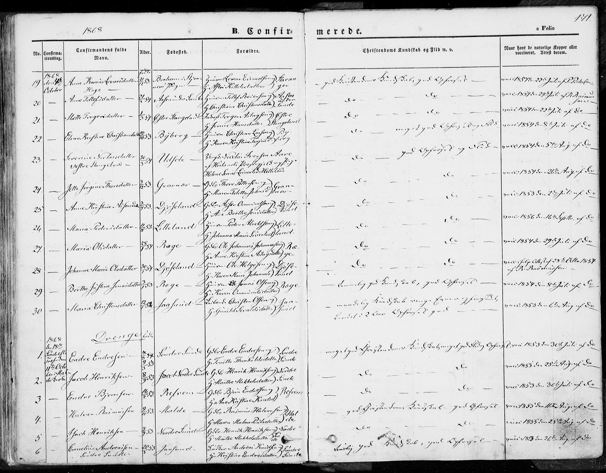 Håland sokneprestkontor, SAST/A-101802/001/30BA/L0007: Parish register (official) no. A 7.1, 1854-1870, p. 171