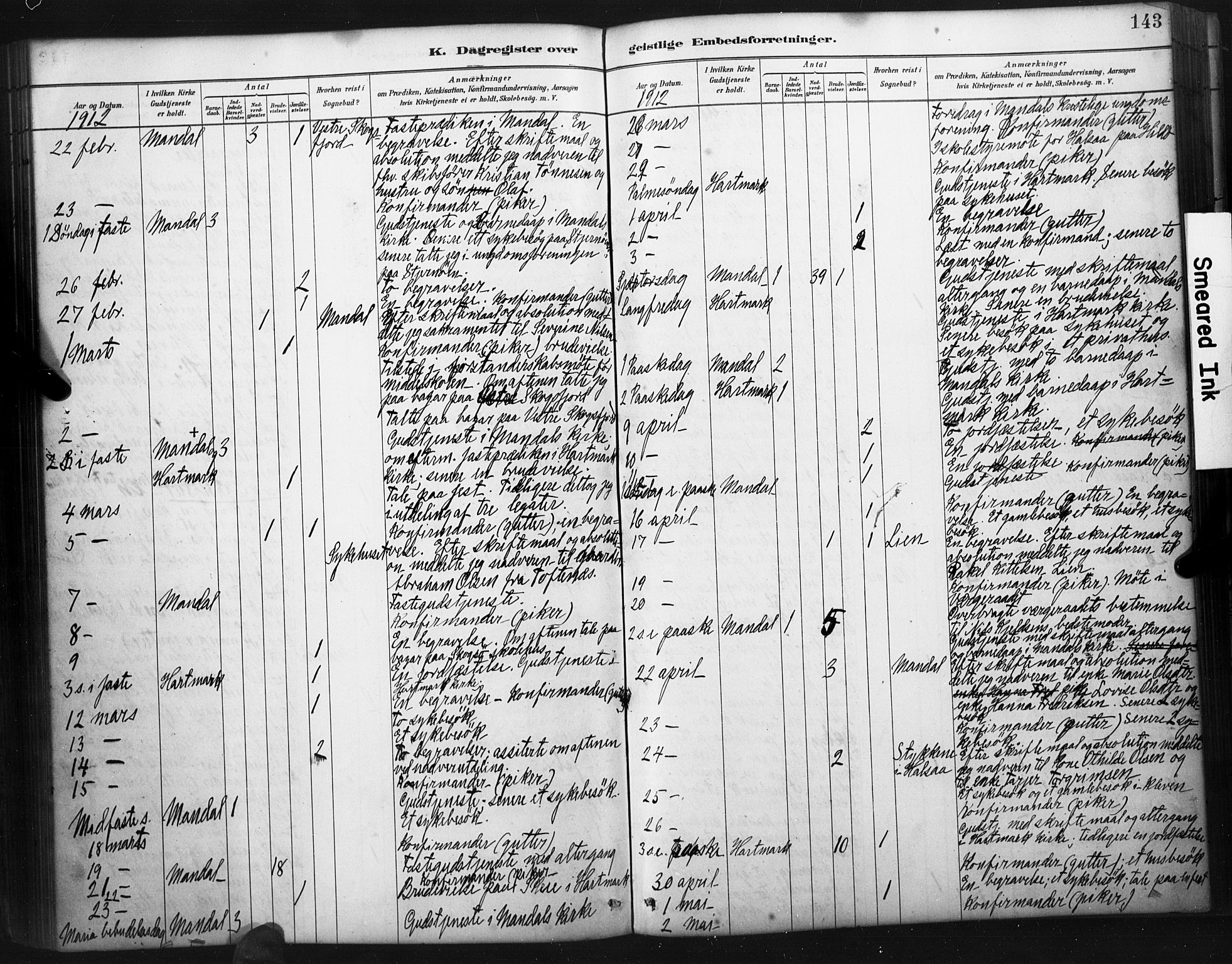 Mandal sokneprestkontor, AV/SAK-1111-0030/F/Fa/Faa/L0017: Parish register (official) no. A 17, 1880-1926, p. 143