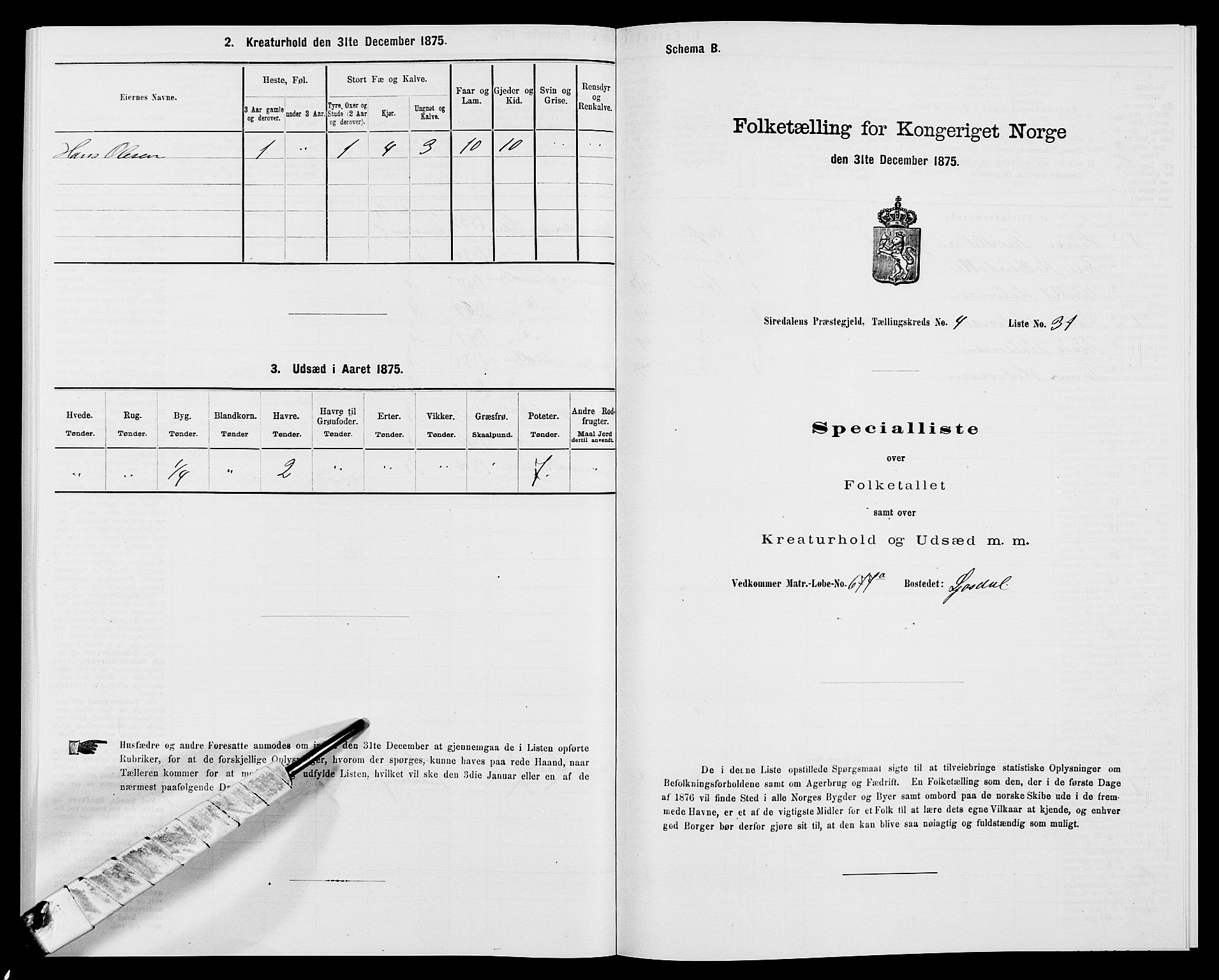 SAK, 1875 census for 1046P Sirdal, 1875, p. 395