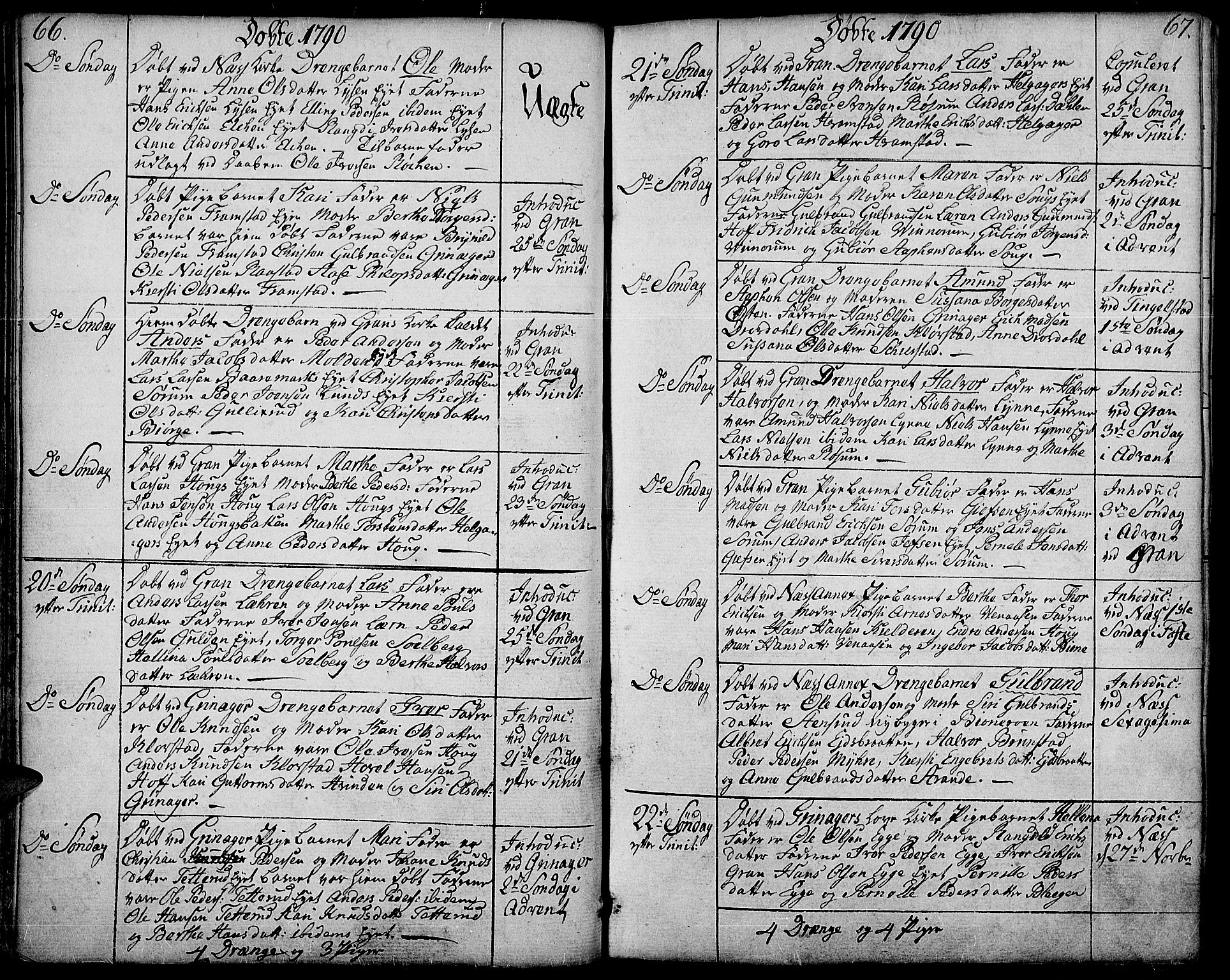 Gran prestekontor, SAH/PREST-112/H/Ha/Haa/L0006: Parish register (official) no. 6, 1787-1824, p. 66-67