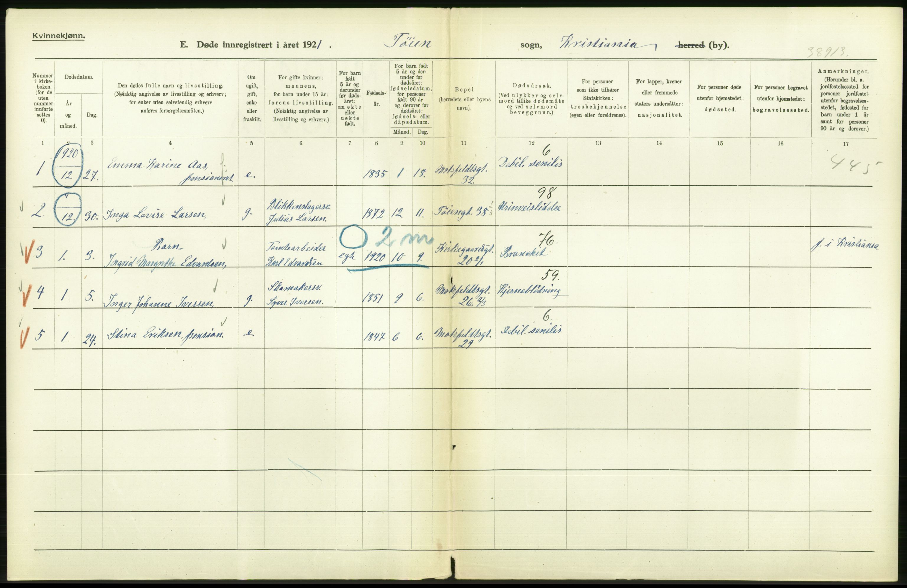 Statistisk sentralbyrå, Sosiodemografiske emner, Befolkning, AV/RA-S-2228/D/Df/Dfc/Dfca/L0013: Kristiania: Døde, dødfødte, 1921, p. 118
