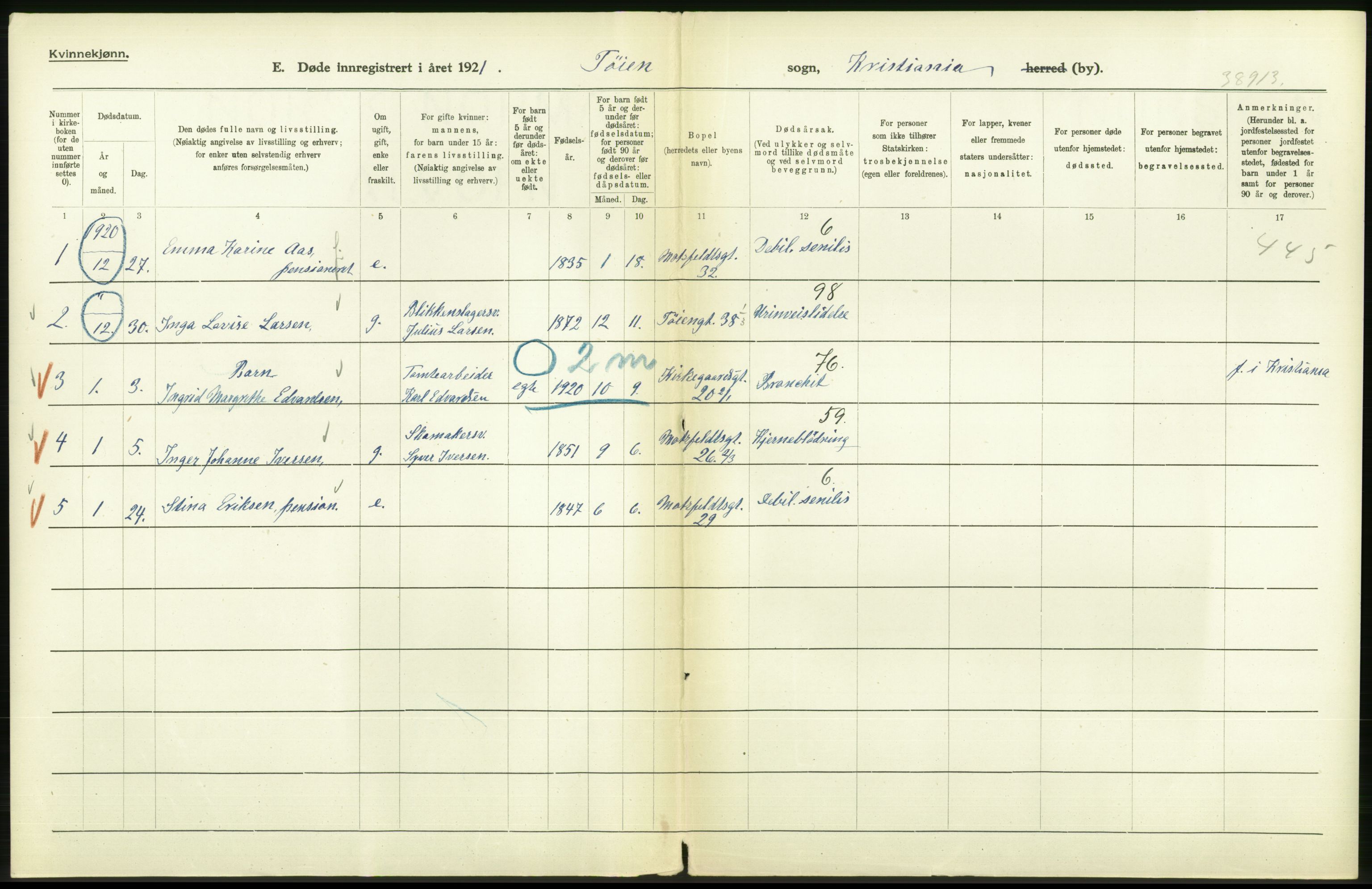 Statistisk sentralbyrå, Sosiodemografiske emner, Befolkning, RA/S-2228/D/Df/Dfc/Dfca/L0013: Kristiania: Døde, dødfødte, 1921, p. 118