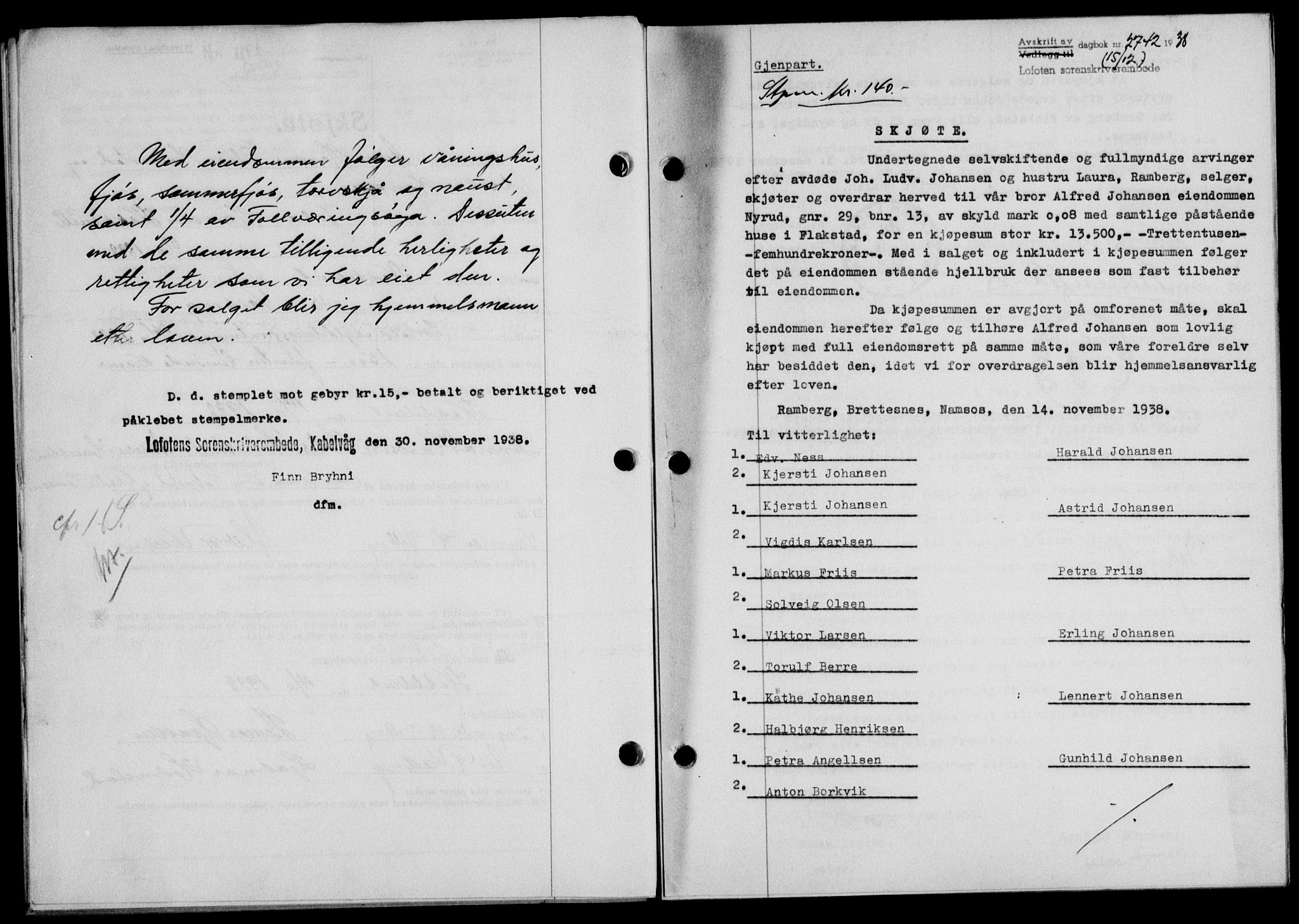 Lofoten sorenskriveri, SAT/A-0017/1/2/2C/L0005a: Mortgage book no. 5a, 1939-1939, Diary no: : 2742/1938