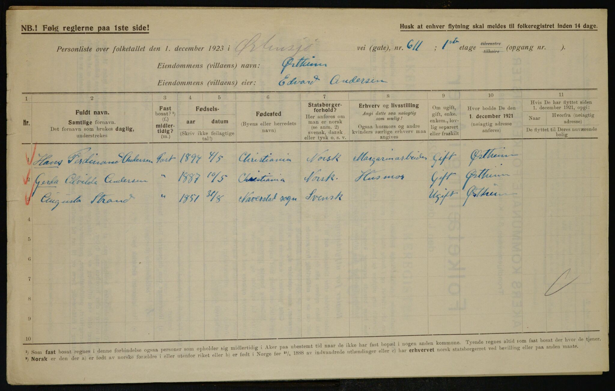 , Municipal Census 1923 for Aker, 1923, p. 36655