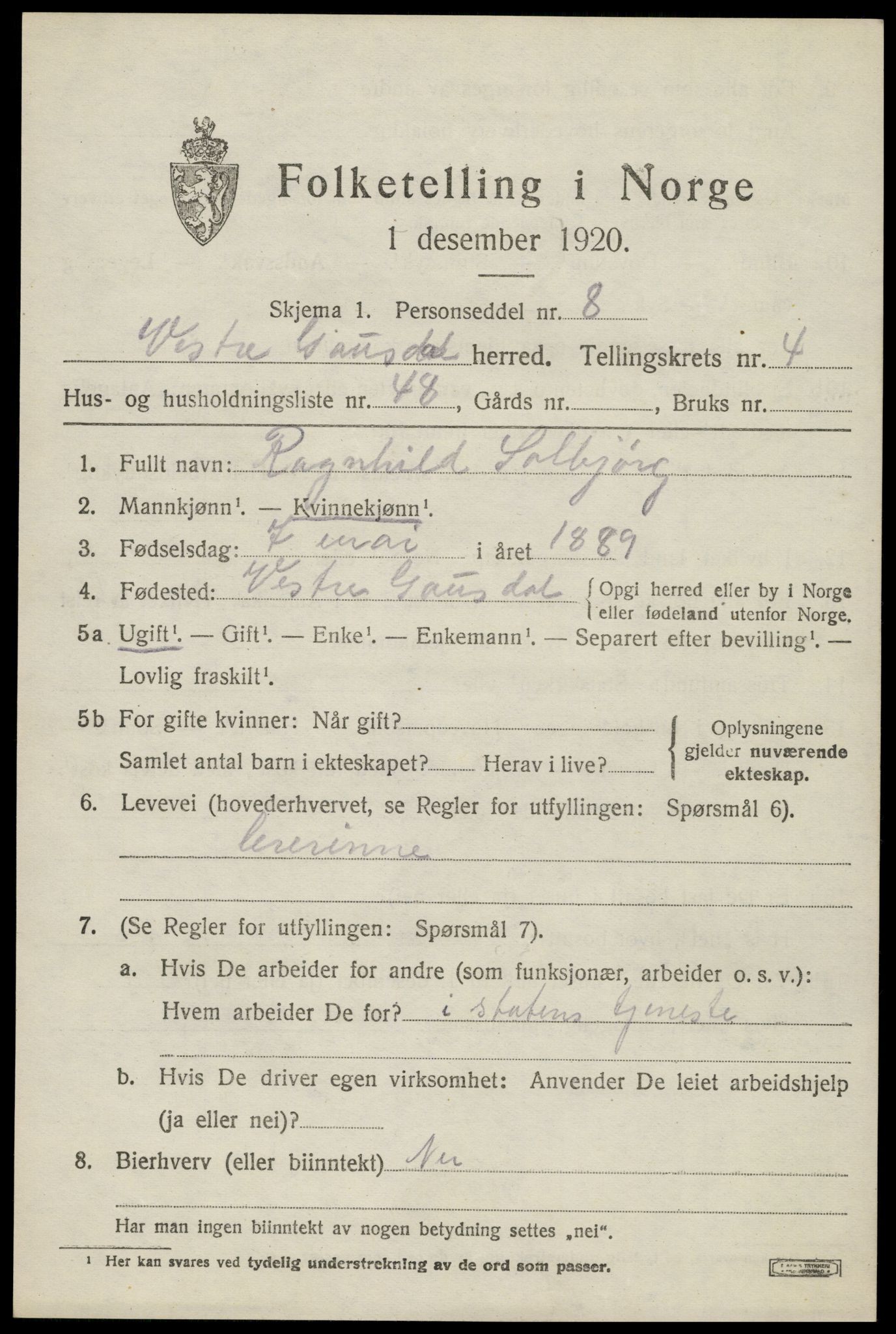 SAH, 1920 census for Vestre Gausdal, 1920, p. 3685