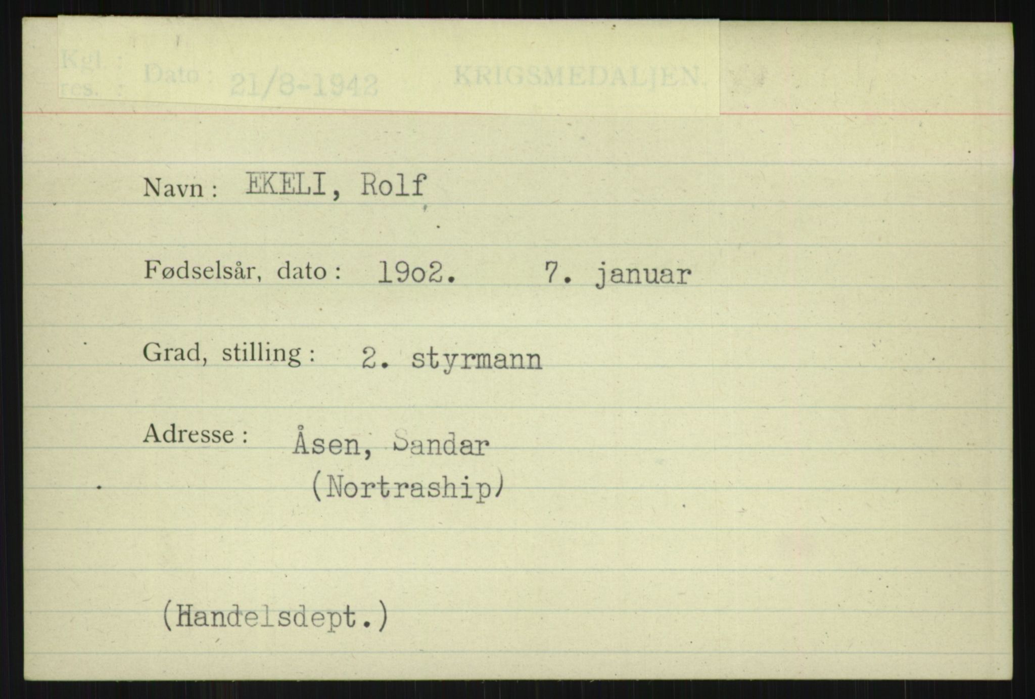 Direktoratet for sjømenn, AV/RA-S-3545/G/Gi/L0005: Alfabetisk ordnet kartotek over krigsdekorasjoner tildelt nordmenn under krigen, Ekeberg - Hendriksen, 1940-1945, p. 7
