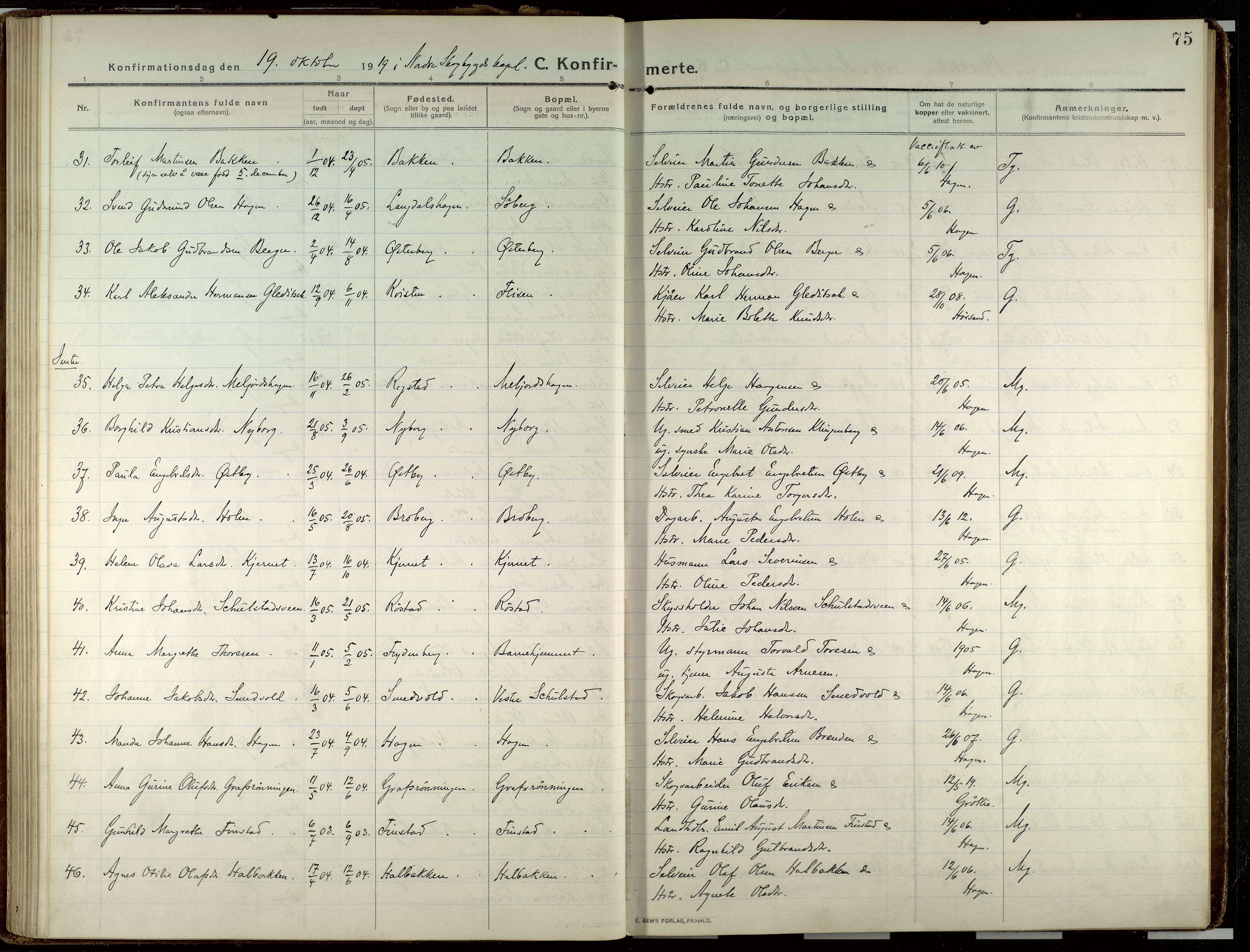 Elverum prestekontor, AV/SAH-PREST-044/H/Ha/Haa/L0023: Parish register (official) no. 23, 1914-1929, p. 75