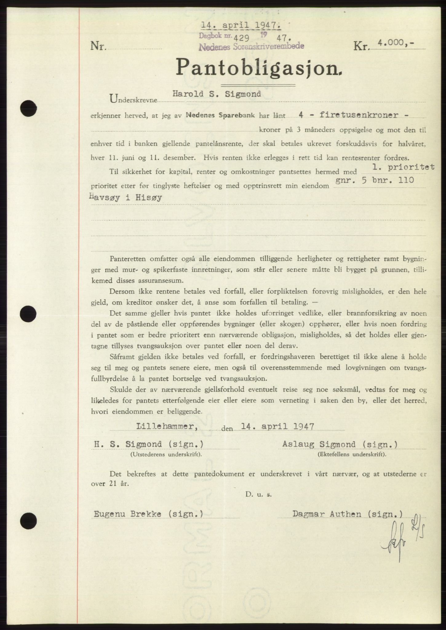 Nedenes sorenskriveri, AV/SAK-1221-0006/G/Gb/Gbb/L0004: Mortgage book no. B4, 1947-1947, Diary no: : 429/1947