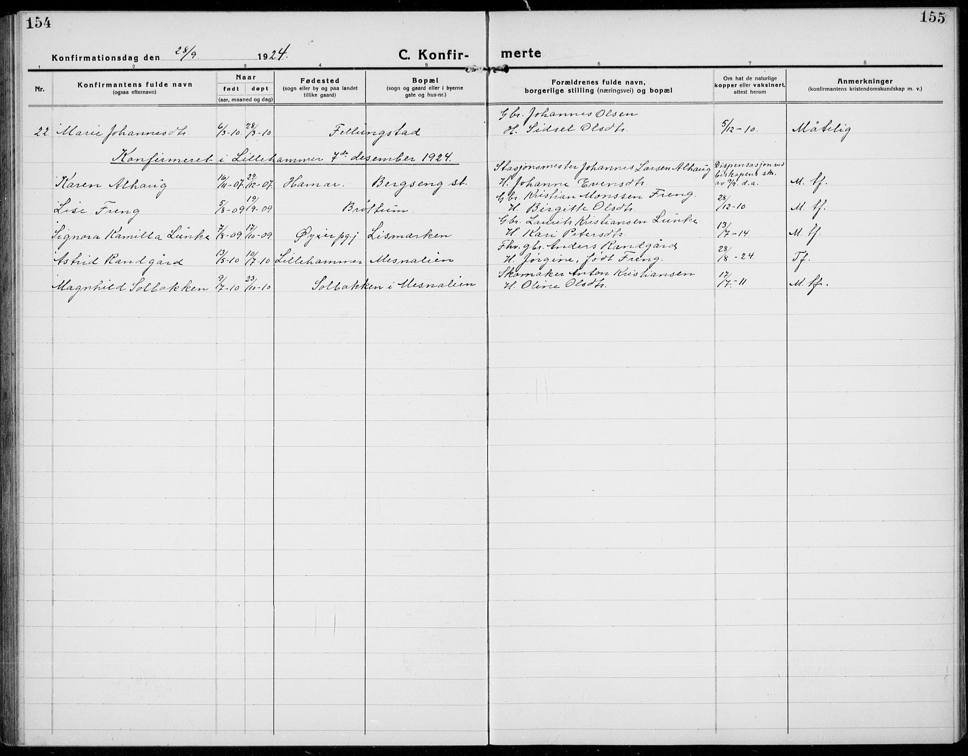 Brøttum prestekontor, AV/SAH-PREST-016/L/La/L0001: Parish register (copy) no. 1, 1921-1941, p. 154-155