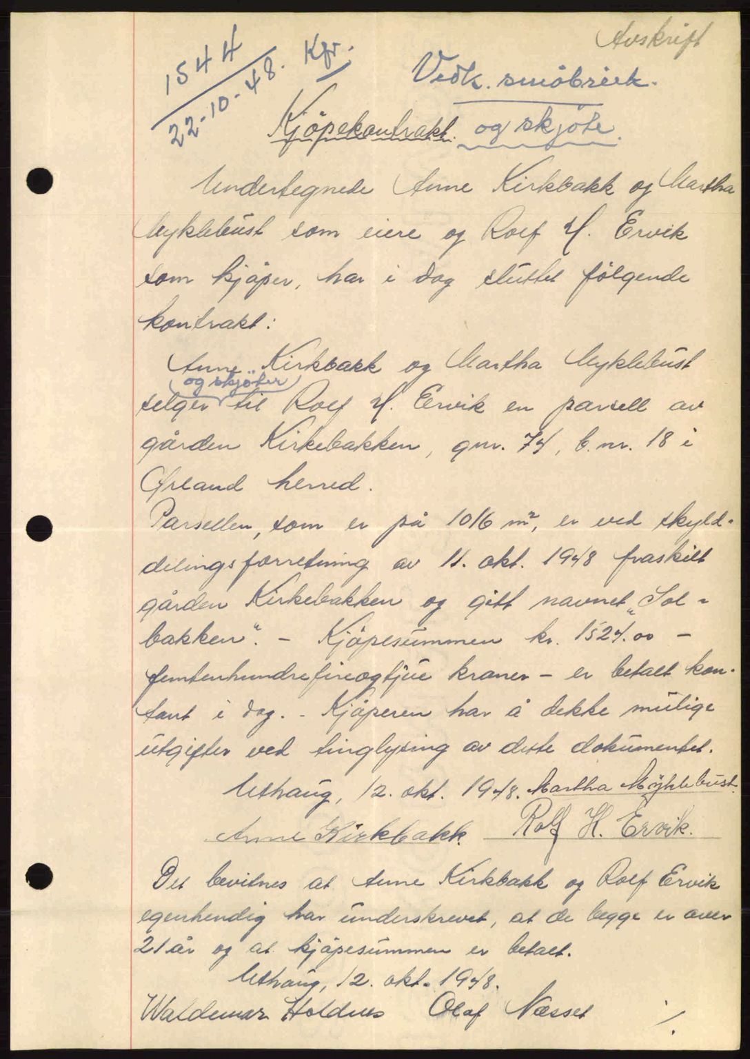 Fosen sorenskriveri, AV/SAT-A-1107/1/2/2C: Mortgage book no. A8, 1948-1948, Diary no: : 1544/1948