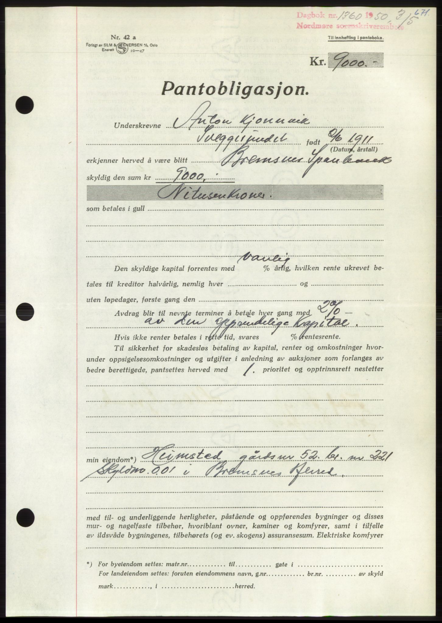 Nordmøre sorenskriveri, AV/SAT-A-4132/1/2/2Ca: Mortgage book no. B104, 1950-1950, Diary no: : 1360/1950