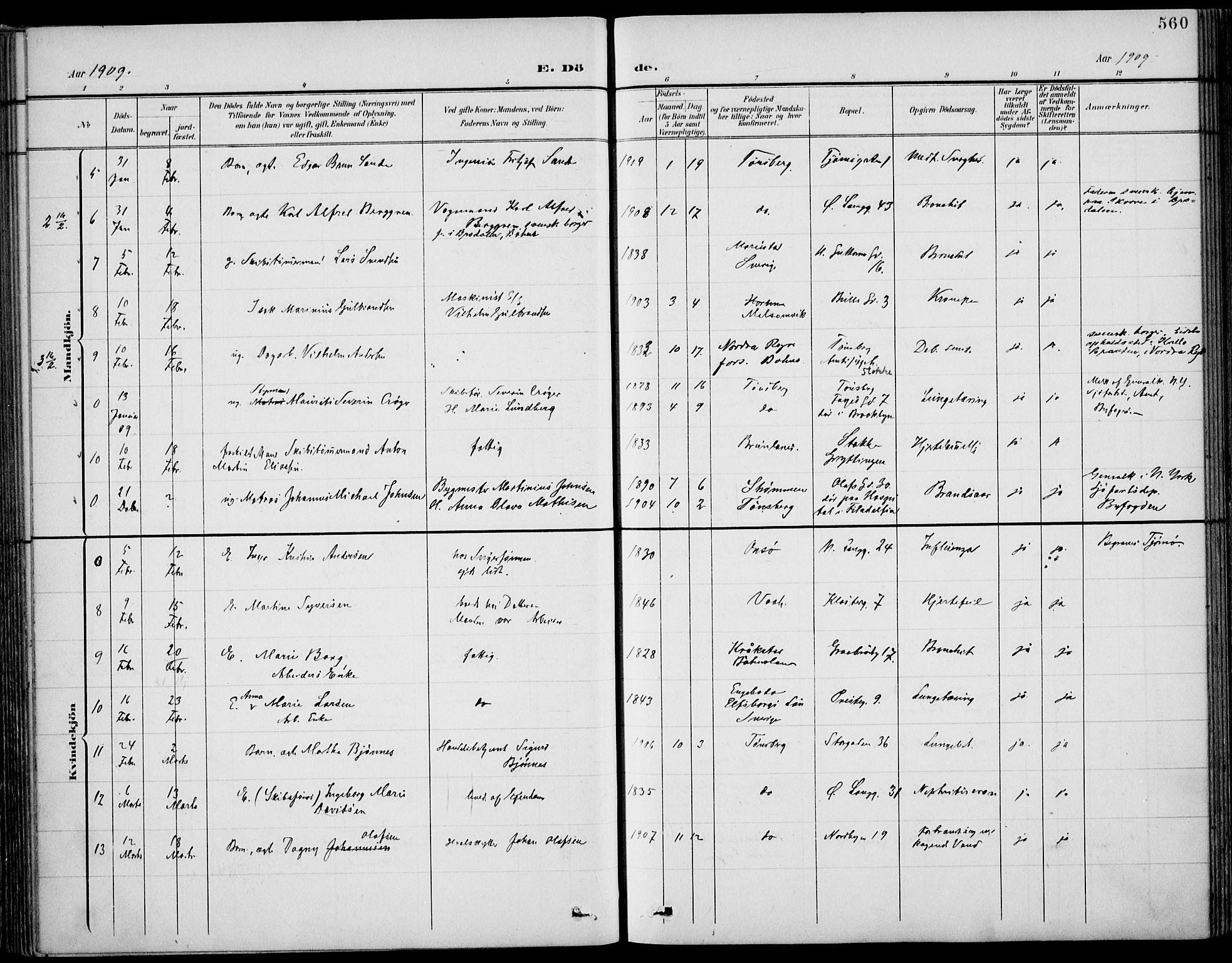 Tønsberg kirkebøker, AV/SAKO-A-330/F/Fa/L0013: Parish register (official) no. I 13, 1900-1913, p. 560