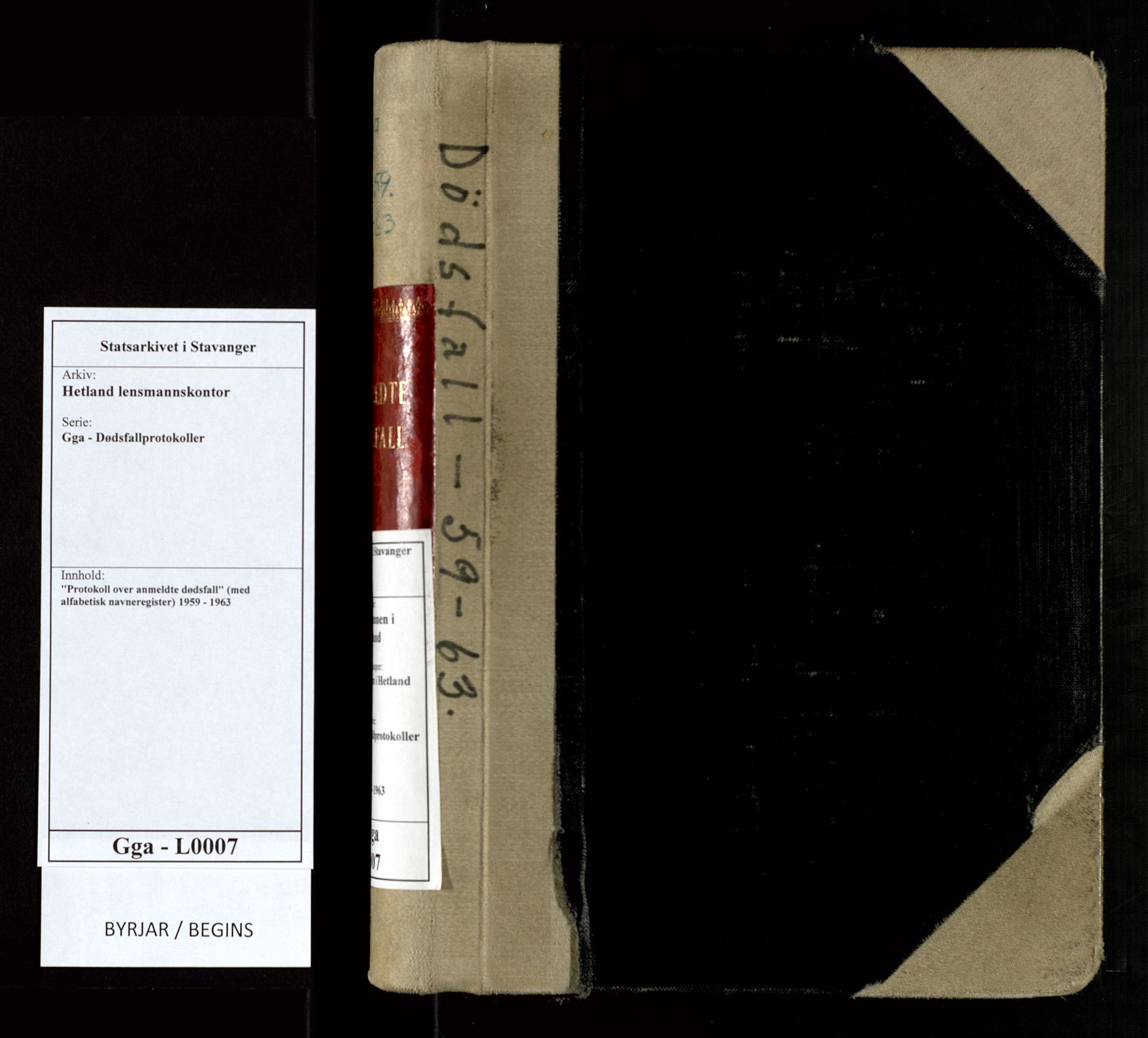 Hetland lensmannskontor, SAST/A-100101/Gga/L0007: "Protokoll over anmeldte dødsfall" (med alfabetisk navneregister), 1959-1963
