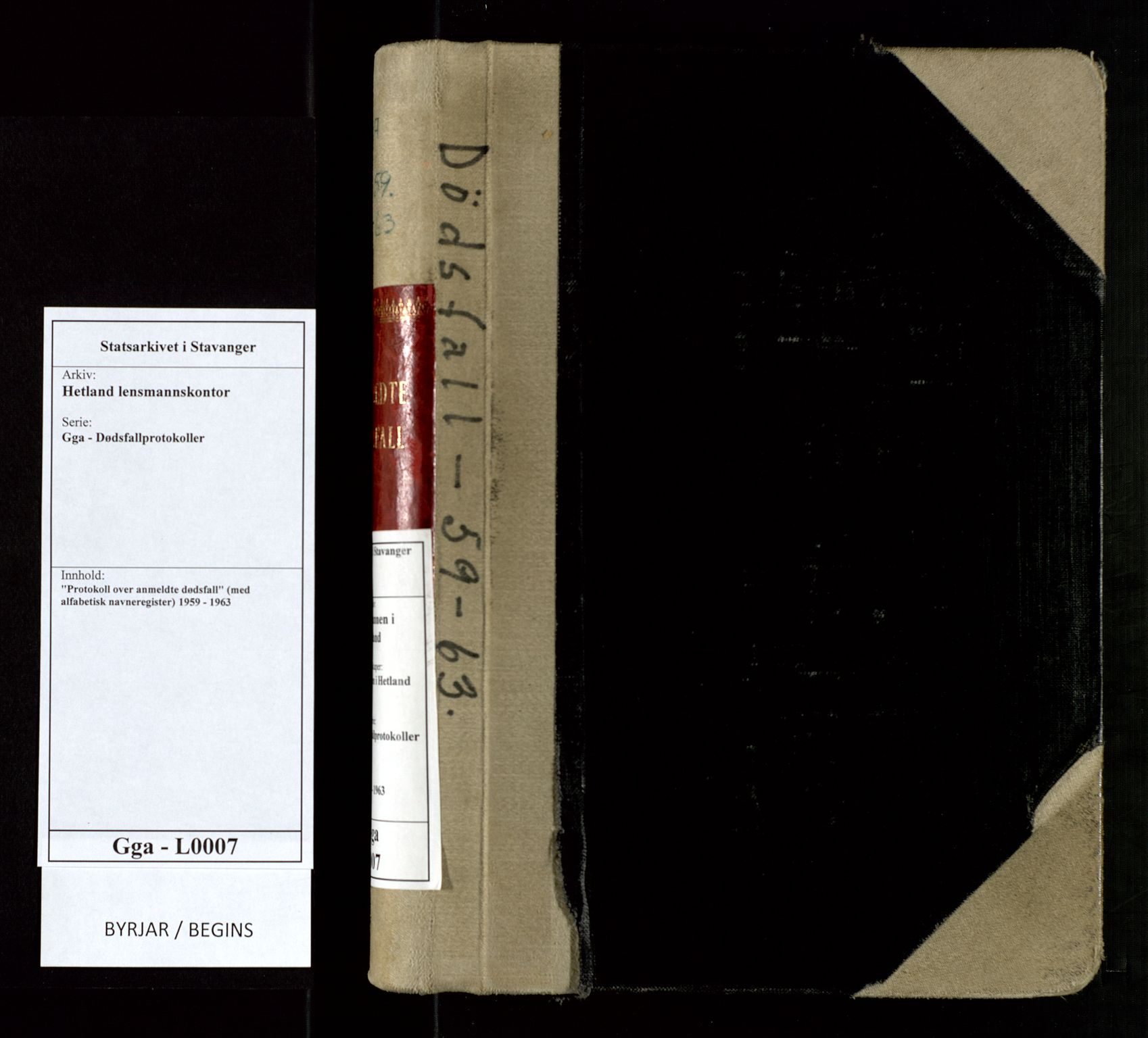 Hetland lensmannskontor, AV/SAST-A-100101/Gga/L0007: "Protokoll over anmeldte dødsfall" (med alfabetisk navneregister), 1959-1963