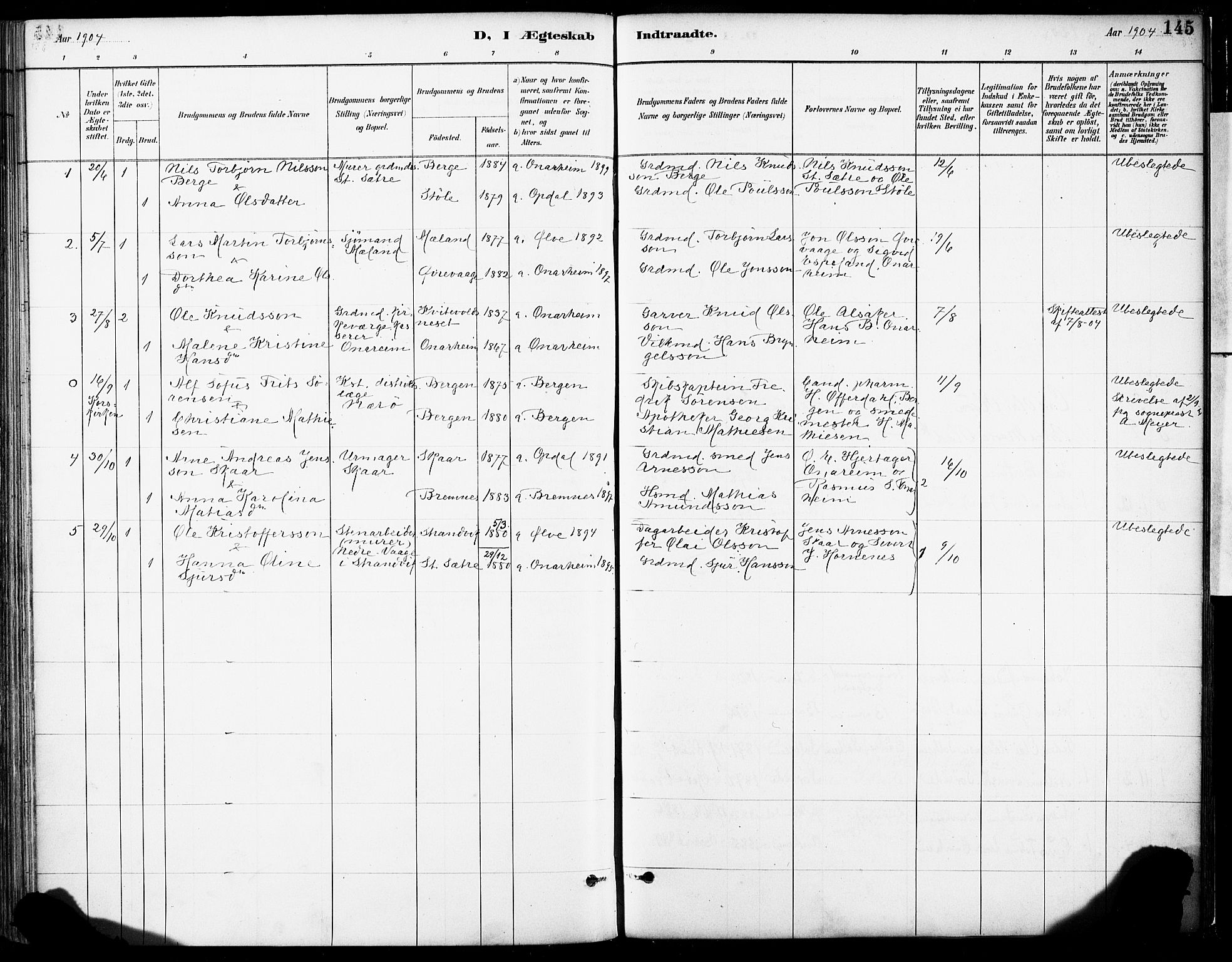 Tysnes sokneprestembete, SAB/A-78601/H/Haa: Parish register (official) no. C 1, 1887-1912, p. 145