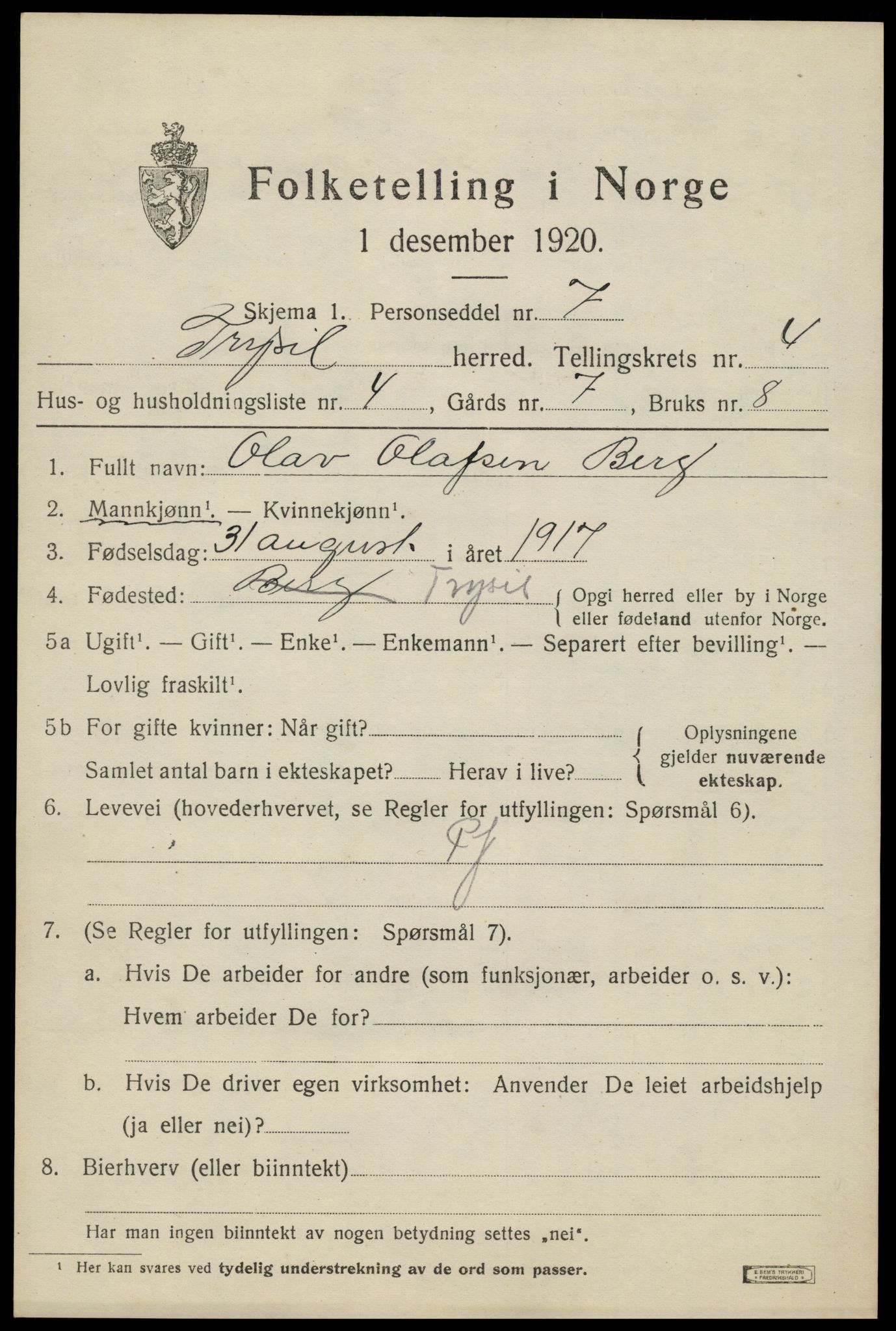 SAH, 1920 census for Trysil, 1920, p. 4129