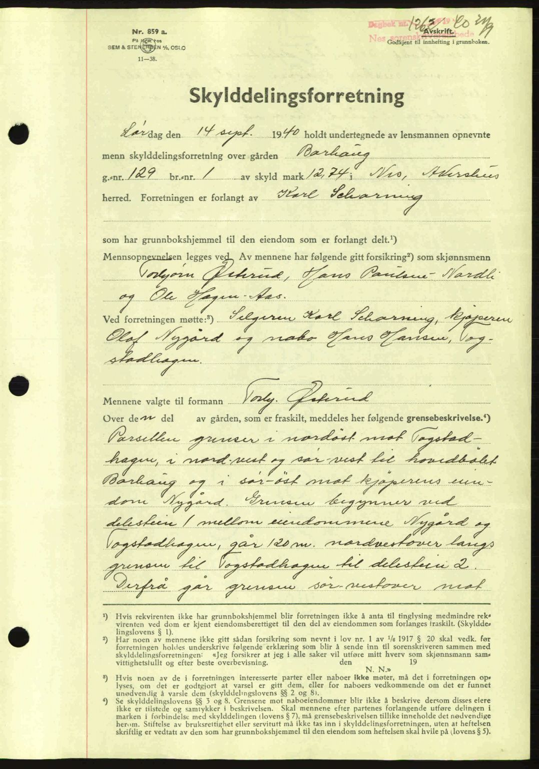 Nes tingrett, SAO/A-10548/G/Gb/Gbb/L0010: Mortgage book no. 54, 1939-1940, Diary no: : 1262/1940