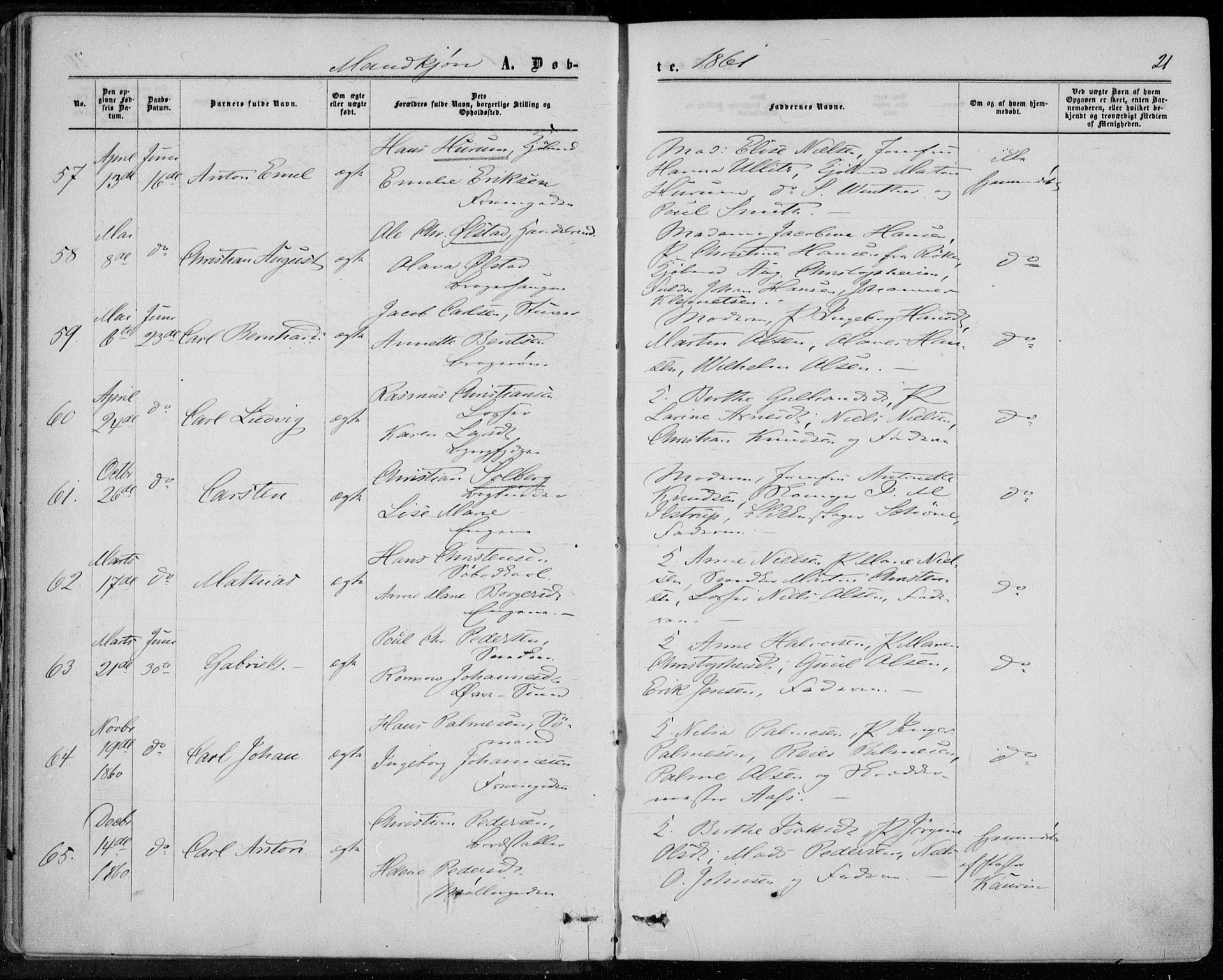 Bragernes kirkebøker, SAKO/A-6/F/Fb/L0003: Parish register (official) no. II 3, 1860-1868, p. 21