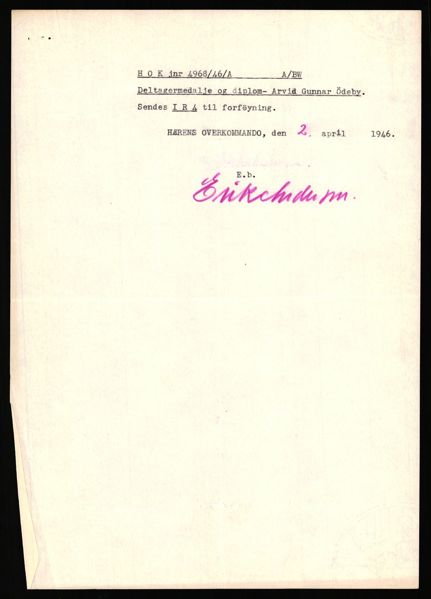 Forsvaret, Jegerkorpset - Akershus infantriregiment nr. 4, RA/RAFA-2947/D/Dd/L0056: DELTAKERMEDALJEN 2. VERDENSKRIG BOKS 4 N-Ø, 1945-1950, p. 1114