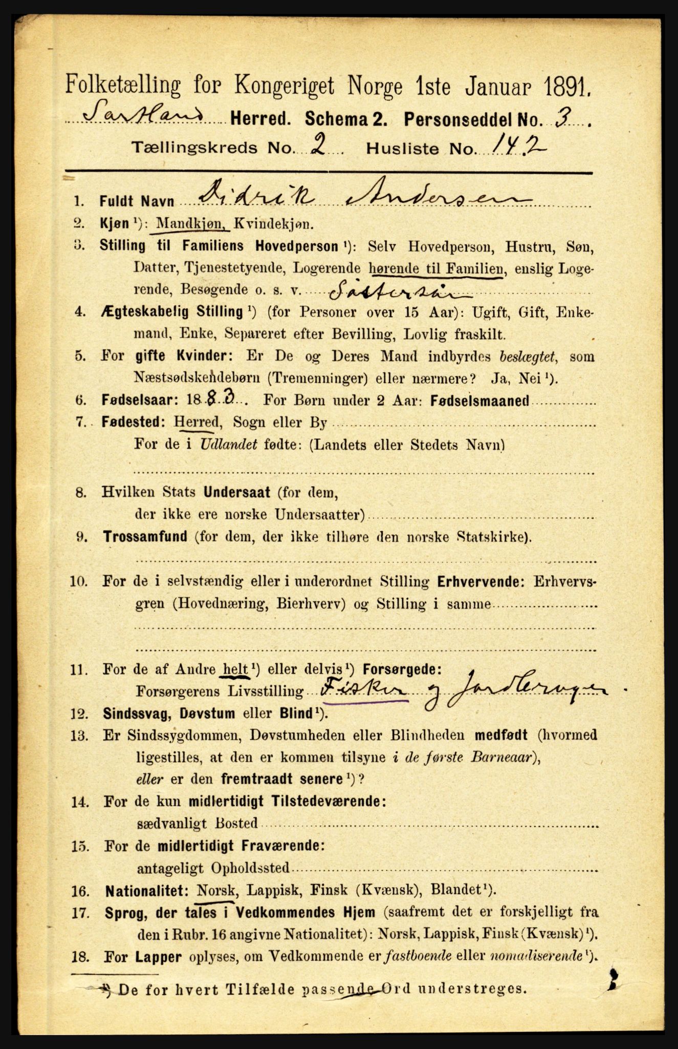 RA, 1891 census for 1870 Sortland, 1891, p. 2074