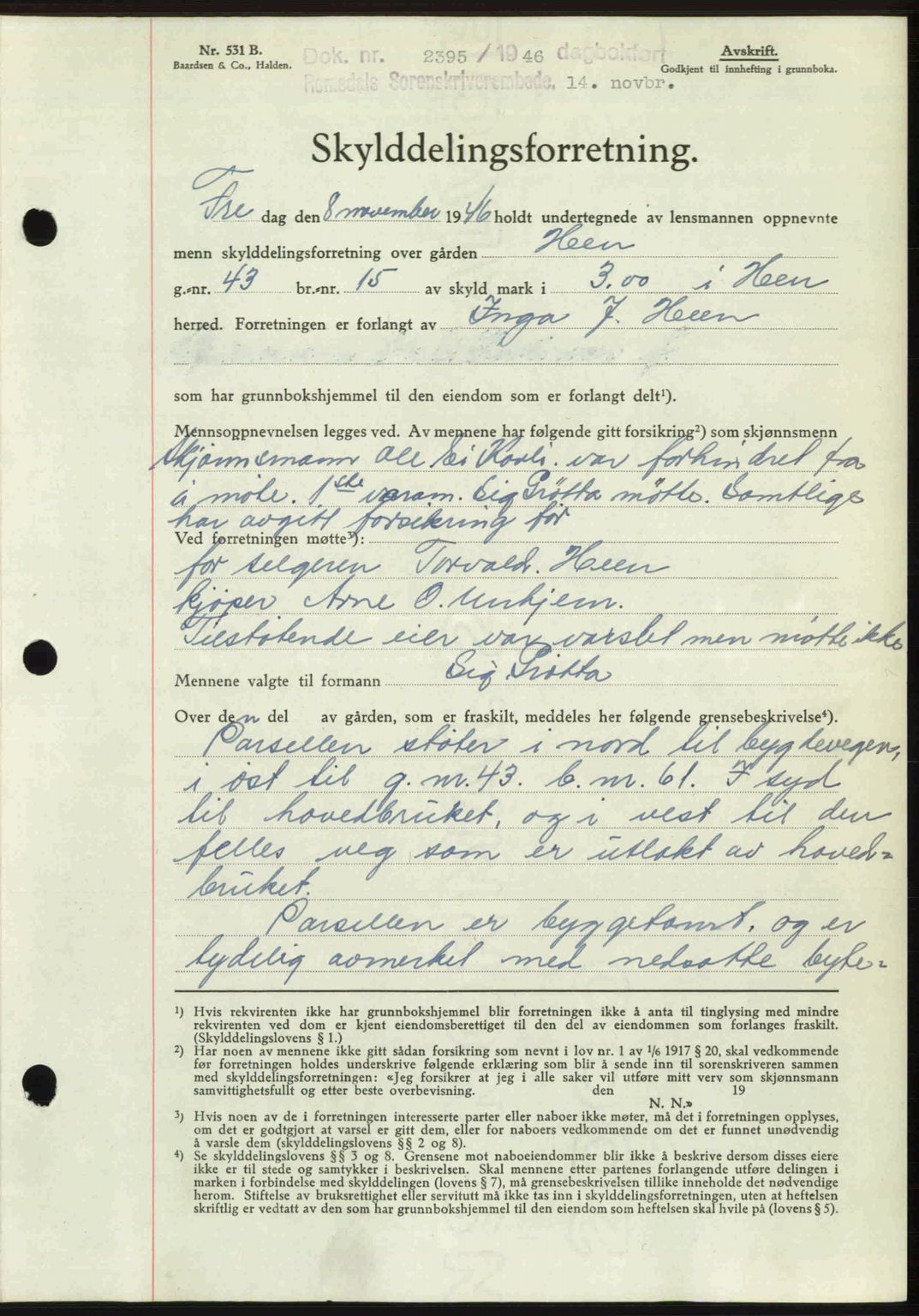 Romsdal sorenskriveri, AV/SAT-A-4149/1/2/2C: Mortgage book no. A21, 1946-1946, Diary no: : 2395/1946